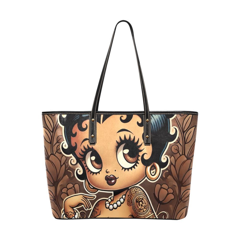 Vintage Earth Tone Black Betty Boop Like Character PU Leather Tote Bag | Great Black Betty Boop Gift for Her | Black Betty Boop Trending Bag