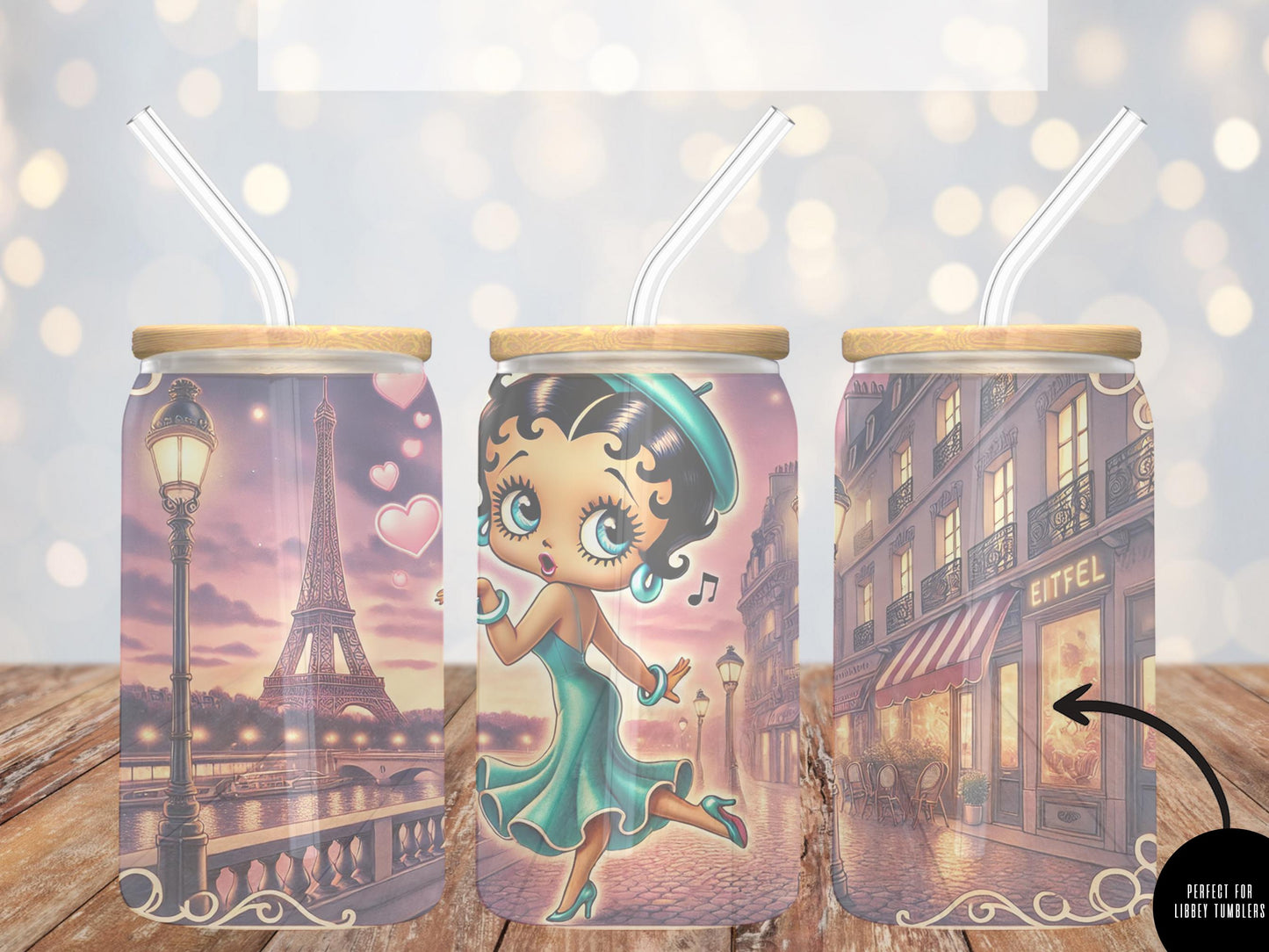 3 Adorable Black Betty Boop Paris Tumbler Wraps PNG High Resolution Files - Black Betty Boop Files Great for Libbey & Skinny Tumblers