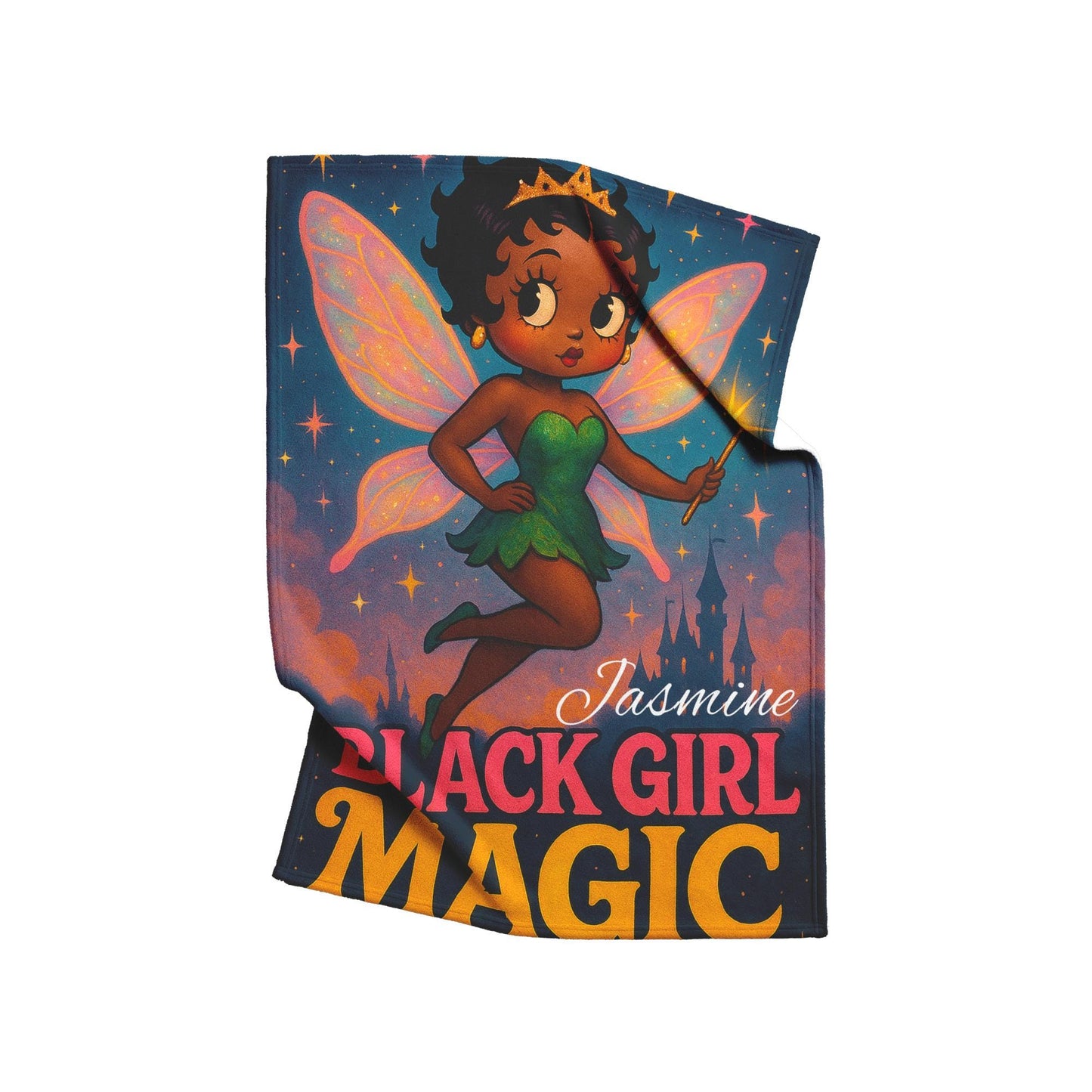 Black Girl Magic Fairy Blanket | Afro Princess with Wings, Crown & Wand – Cozy Empowerment Throw Great Gift for Her For Kids and Adults