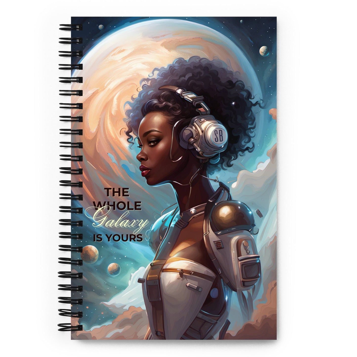 Beautiful Cyborg Notepad | Space Age Spiral Notebook Gift | Aesthetic Journal with Celestial Moon Background