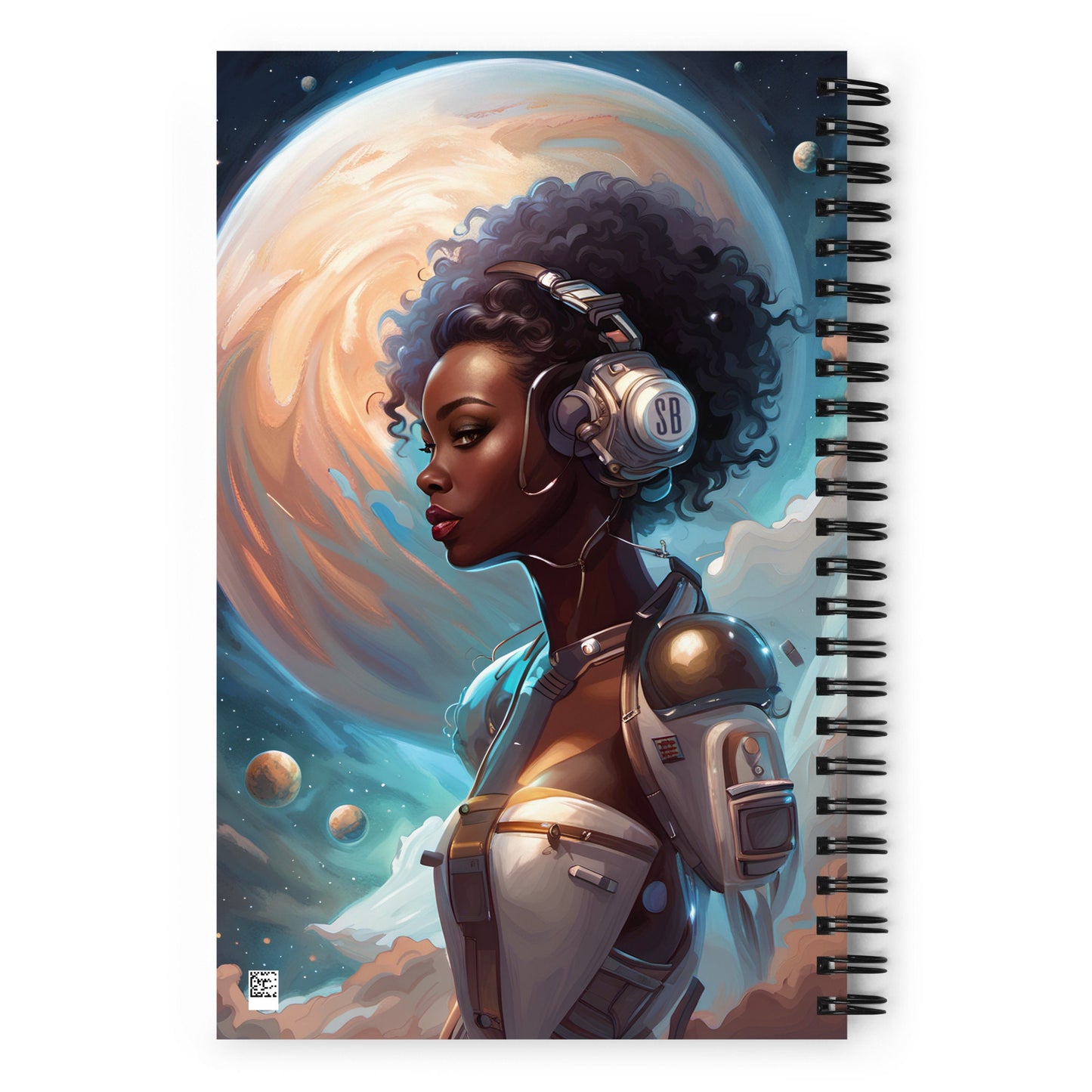 Beautiful Cyborg Notepad | Space Age Spiral Notebook Gift | Aesthetic Journal with Celestial Moon Background