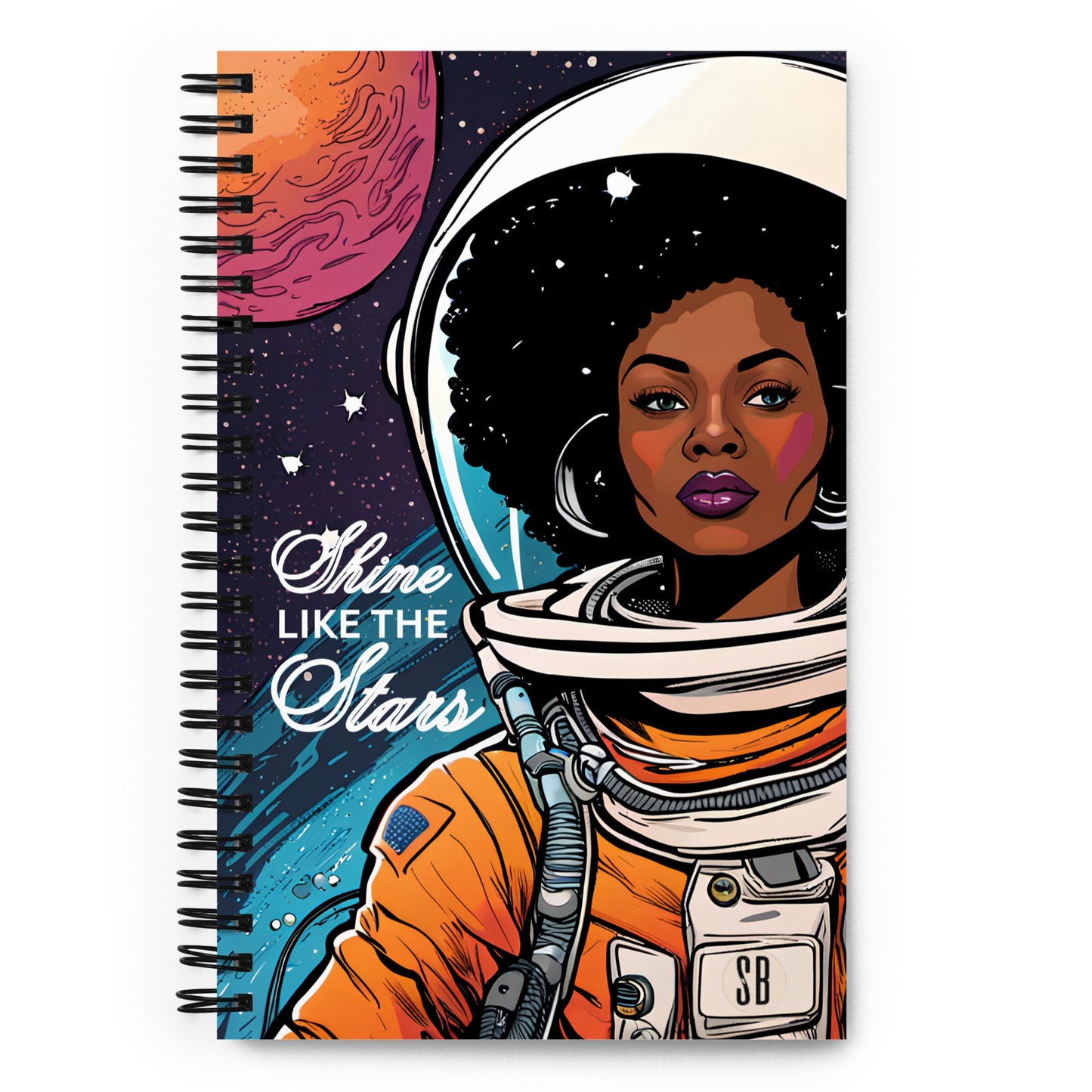Spiral Notebook with Afro Futuristic Woman | Beautiful Black Woman Astronaut in Outer space Notepad | Space Age Aesthetic Journal Gift