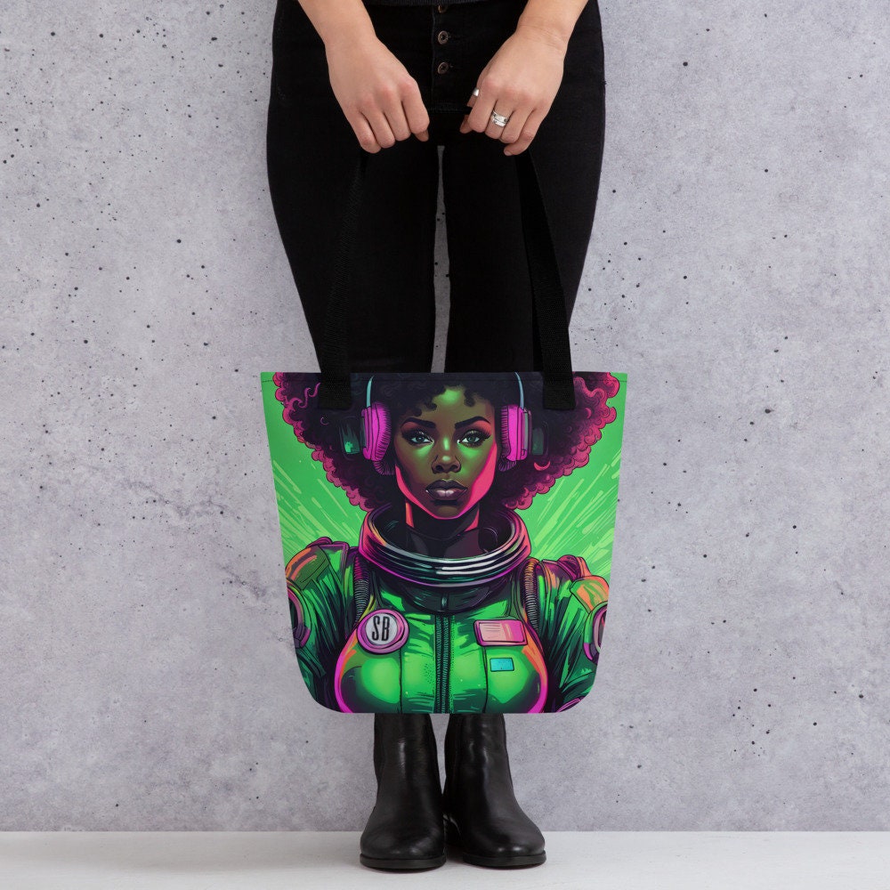Beautiful Green Astro Queen Tote Bag  | Black Girl in Space Durable Tote | Unique Cosmic Design Featuring Melanin Space Goddess on a Bag