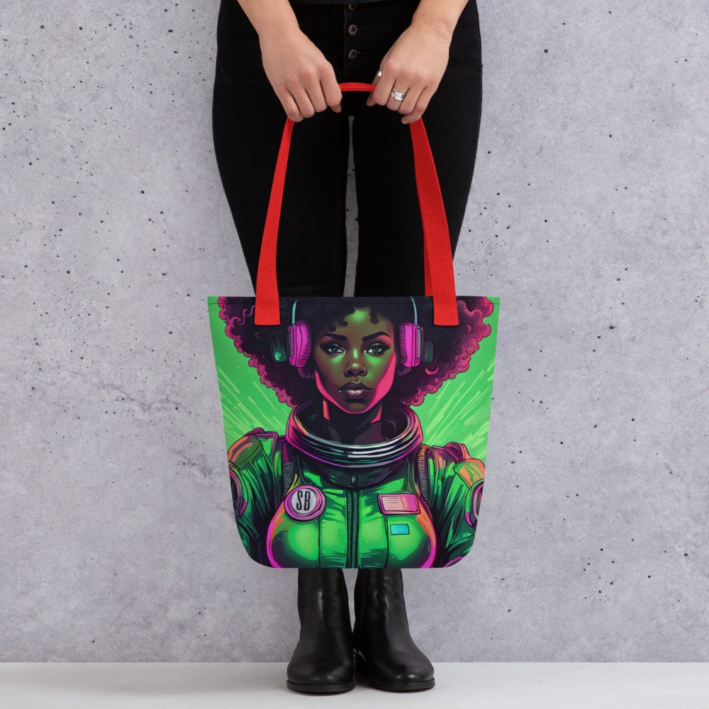 Beautiful Green Astro Queen Tote Bag  | Black Girl in Space Durable Tote | Unique Cosmic Design Featuring Melanin Space Goddess on a Bag