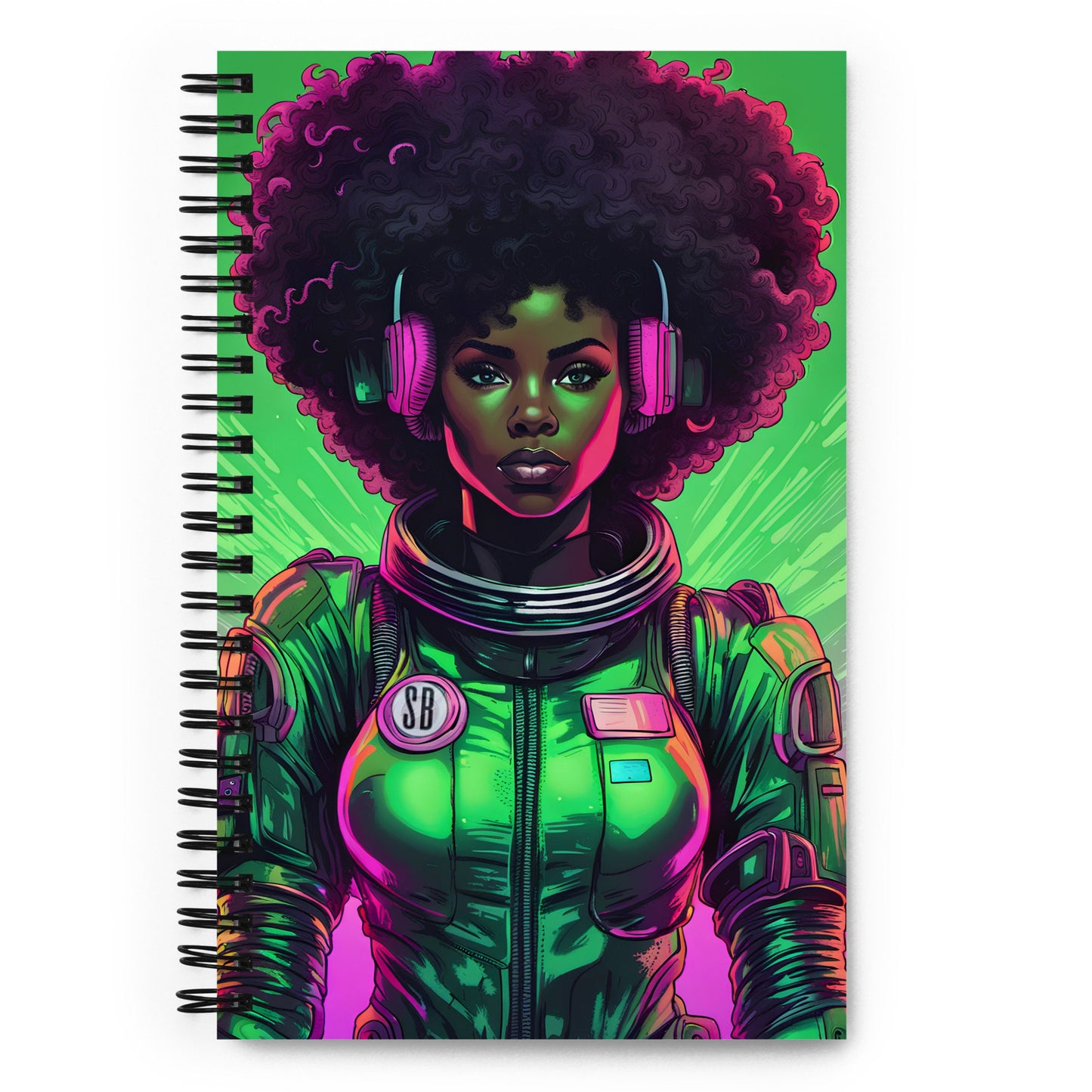 Green Astro Queen | Spiral Notebook with Afro Queen | Neon Punk Gift for Writer