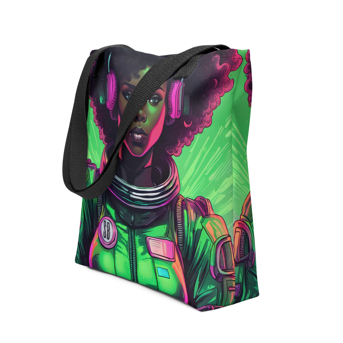 Beautiful Green Astro Queen Tote Bag  | Black Girl in Space Durable Tote | Unique Cosmic Design Featuring Melanin Space Goddess on a Bag