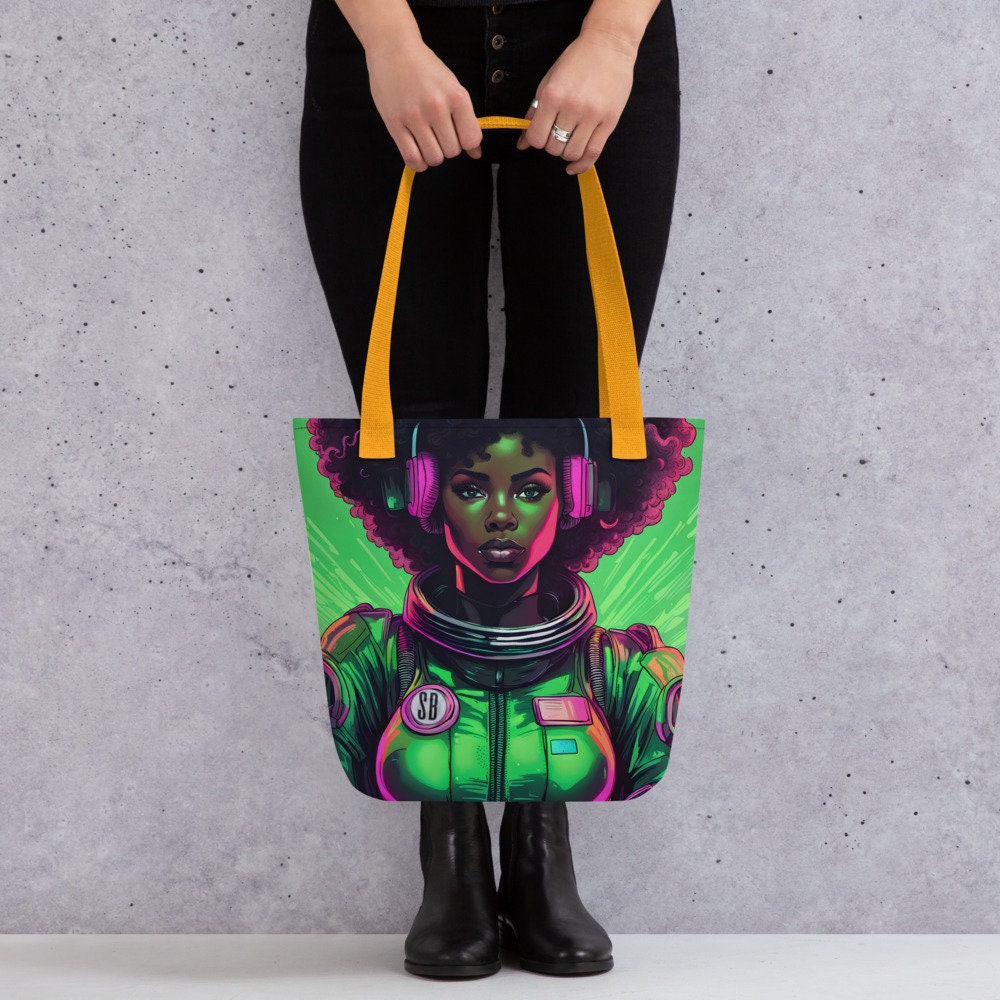 Beautiful Green Astro Queen Tote Bag  | Black Girl in Space Durable Tote | Unique Cosmic Design Featuring Melanin Space Goddess on a Bag