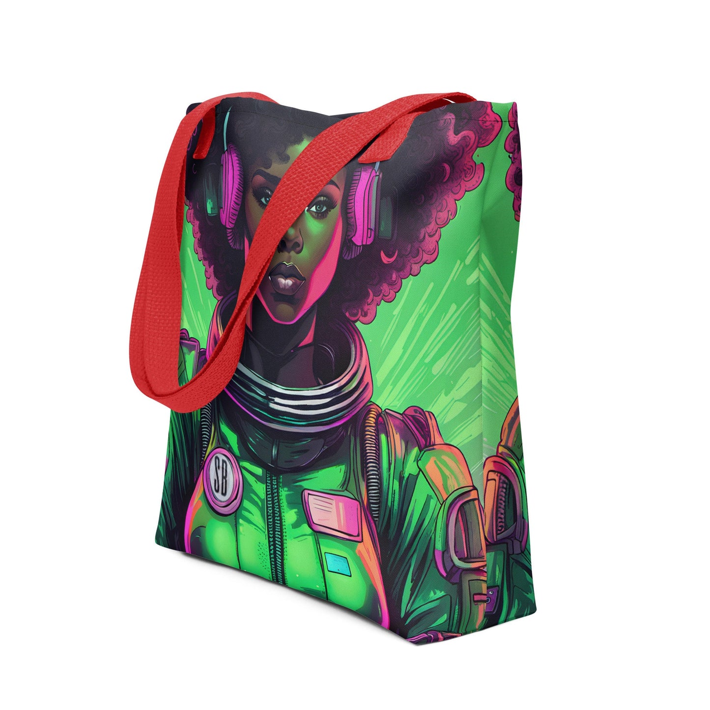 Beautiful Green Astro Queen Tote Bag  | Black Girl in Space Durable Tote | Unique Cosmic Design Featuring Melanin Space Goddess on a Bag