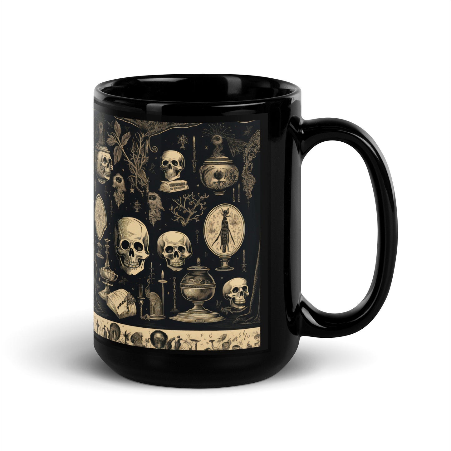 Black Glossy Skeleton Coffee Mug | 15 oz Large Coffee Spooky Mug | Black Goth Skull Halloween Mug Gift | Vintage Aesthetic Halloween Mug