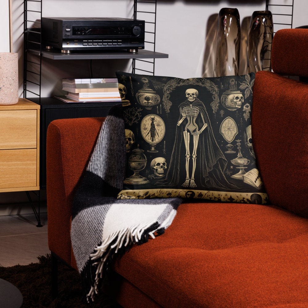 Premium Pillow with Skeleton | Spooky Skeleton Throw Pillow for Halloween Decor | Gothic Halloween Pillow Use for a Halloween Gift or Party