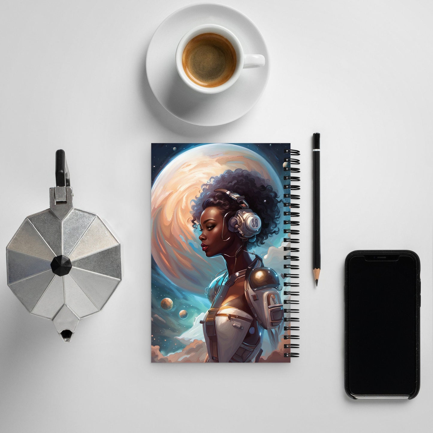 Beautiful Cyborg Notepad | Space Age Spiral Notebook Gift | Aesthetic Journal with Celestial Moon Background