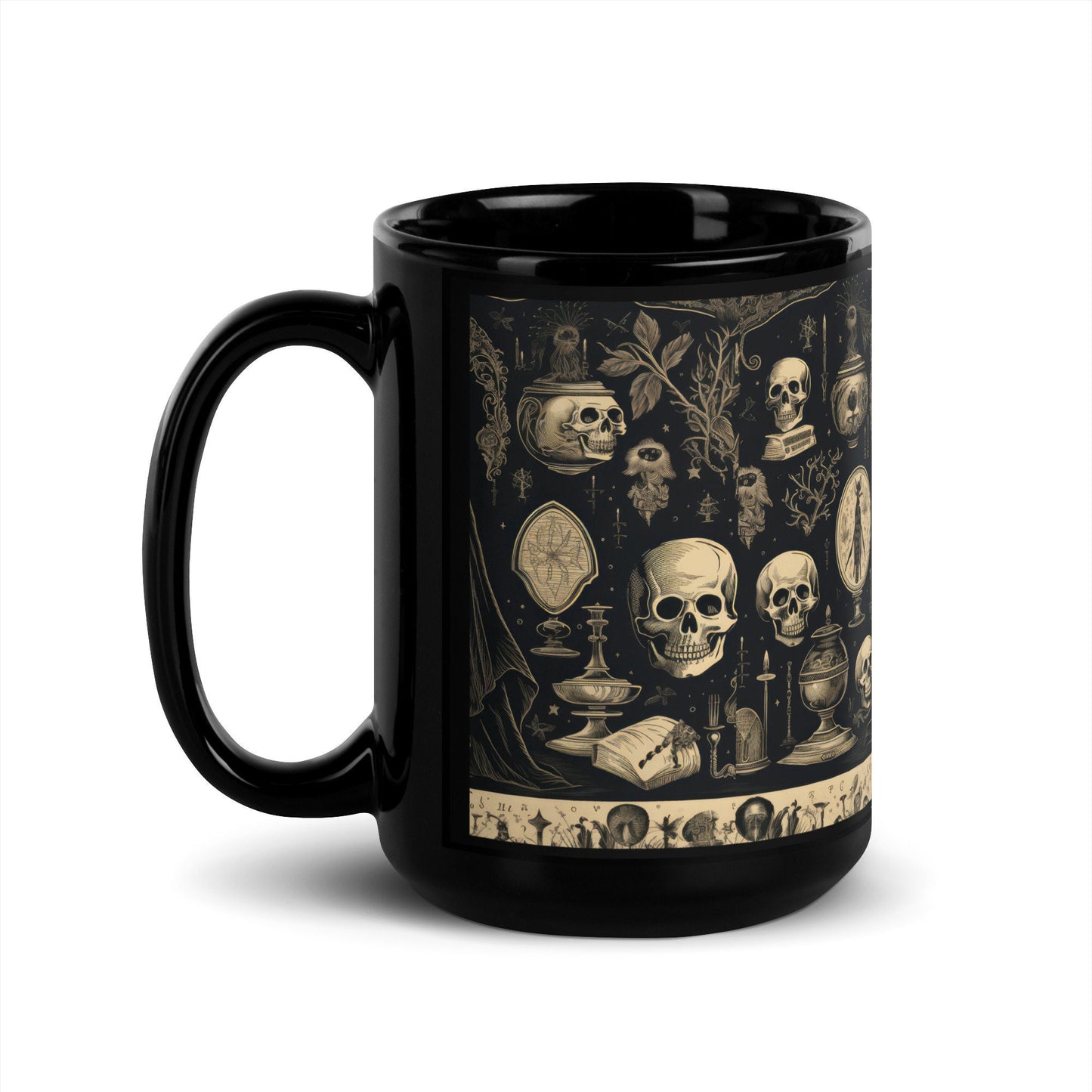 Black Glossy Skeleton Coffee Mug | 15 oz Large Coffee Spooky Mug | Black Goth Skull Halloween Mug Gift | Vintage Aesthetic Halloween Mug