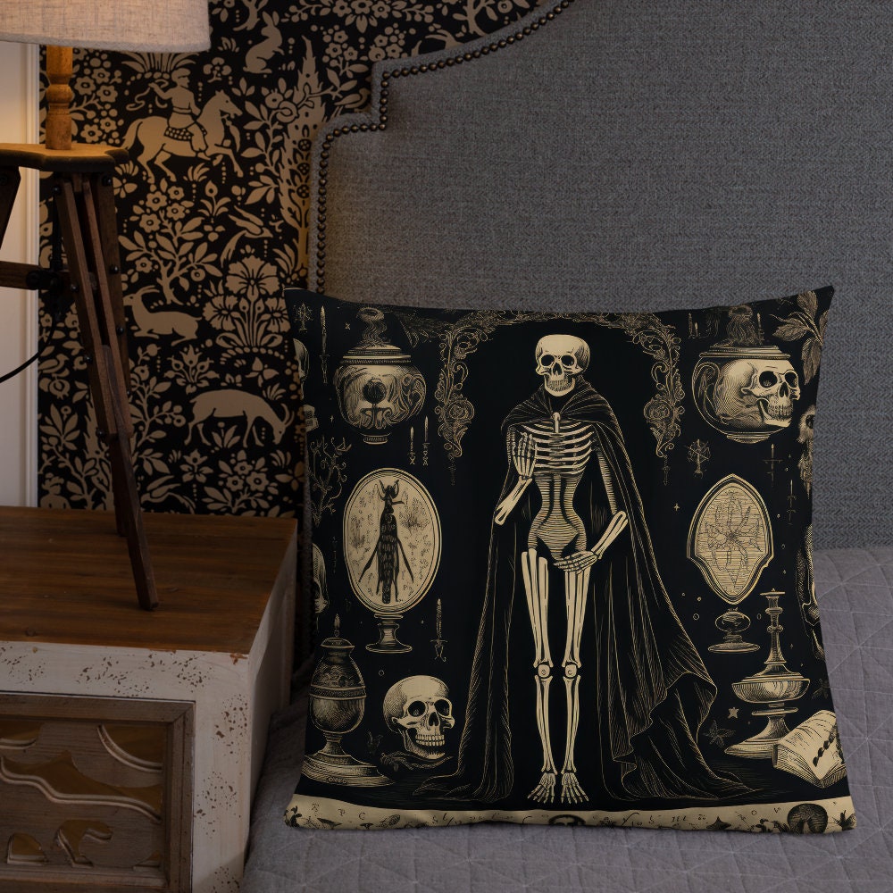 Premium Pillow with Skeleton | Spooky Skeleton Throw Pillow for Halloween Decor | Gothic Halloween Pillow Use for a Halloween Gift or Party