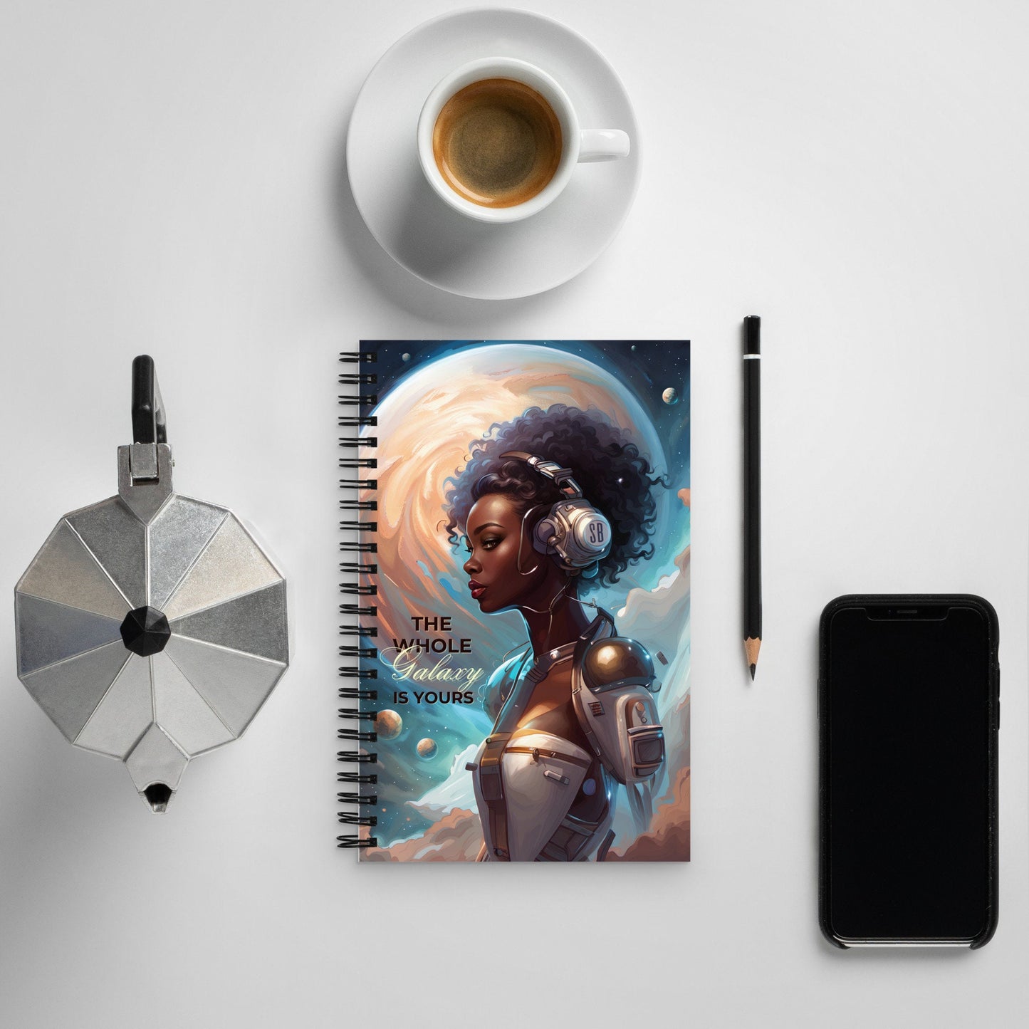 Beautiful Cyborg Notepad | Space Age Spiral Notebook Gift | Aesthetic Journal with Celestial Moon Background