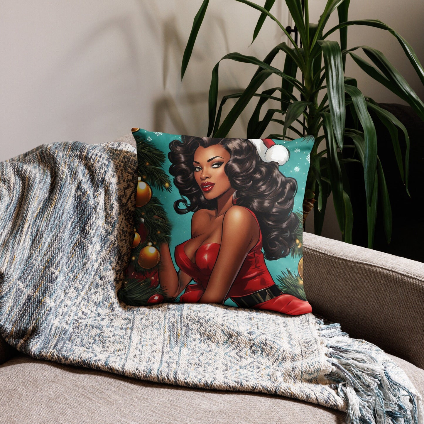 18" in x 18" in. Christmas Pillow with Retro Black Pin up Style | Afro Centric Christmas Decor for Fall | Black Girl Christmas Gift for Her