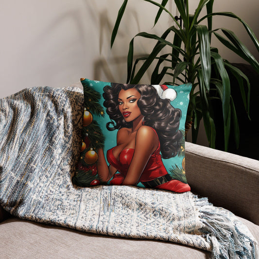 18" in x 18" in. Christmas Pillow with Retro Black Pin up Style | Afro Centric Christmas Decor for Fall | Black Girl Christmas Gift for Her