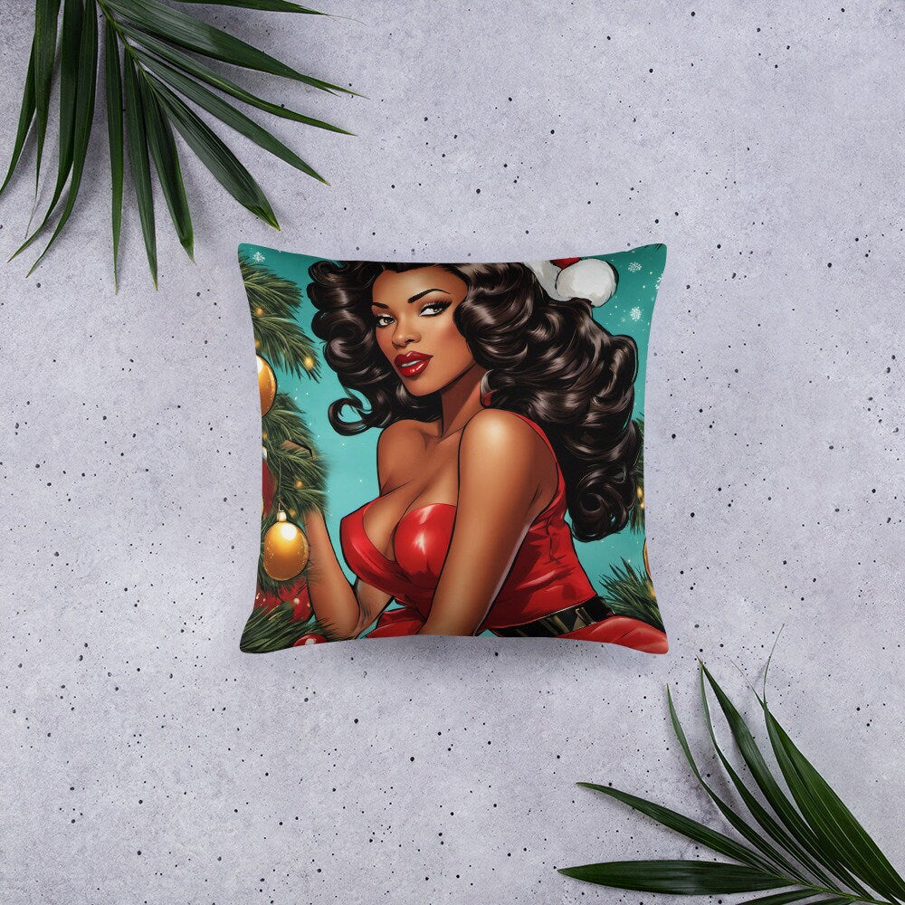 18" in x 18" in. Christmas Pillow with Retro Black Pin up Style | Afro Centric Christmas Decor for Fall | Black Girl Christmas Gift for Her