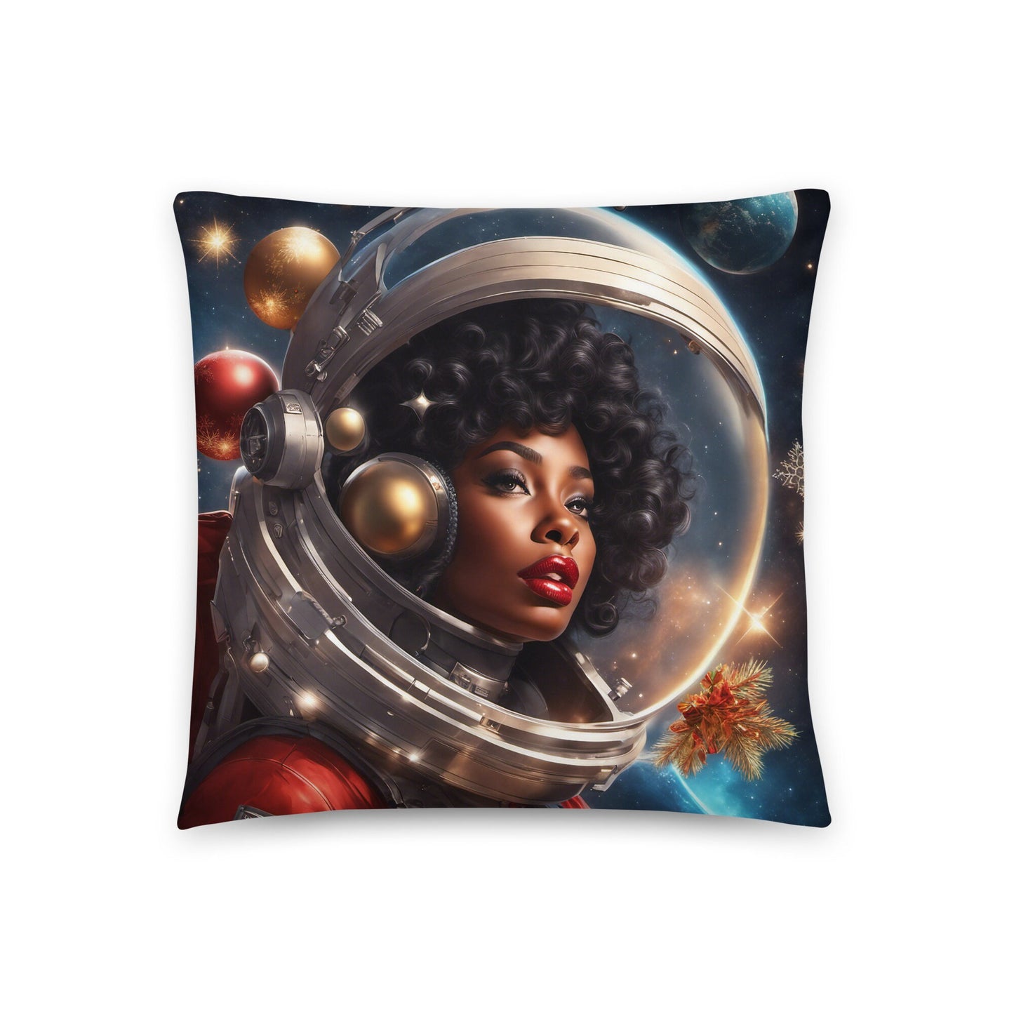 Christmas Pillow with Space Age Black Pin up Style | Afro Centric Christmas Decor for Fall | 18" x 18" in Throw Pillow Christmas Decor
