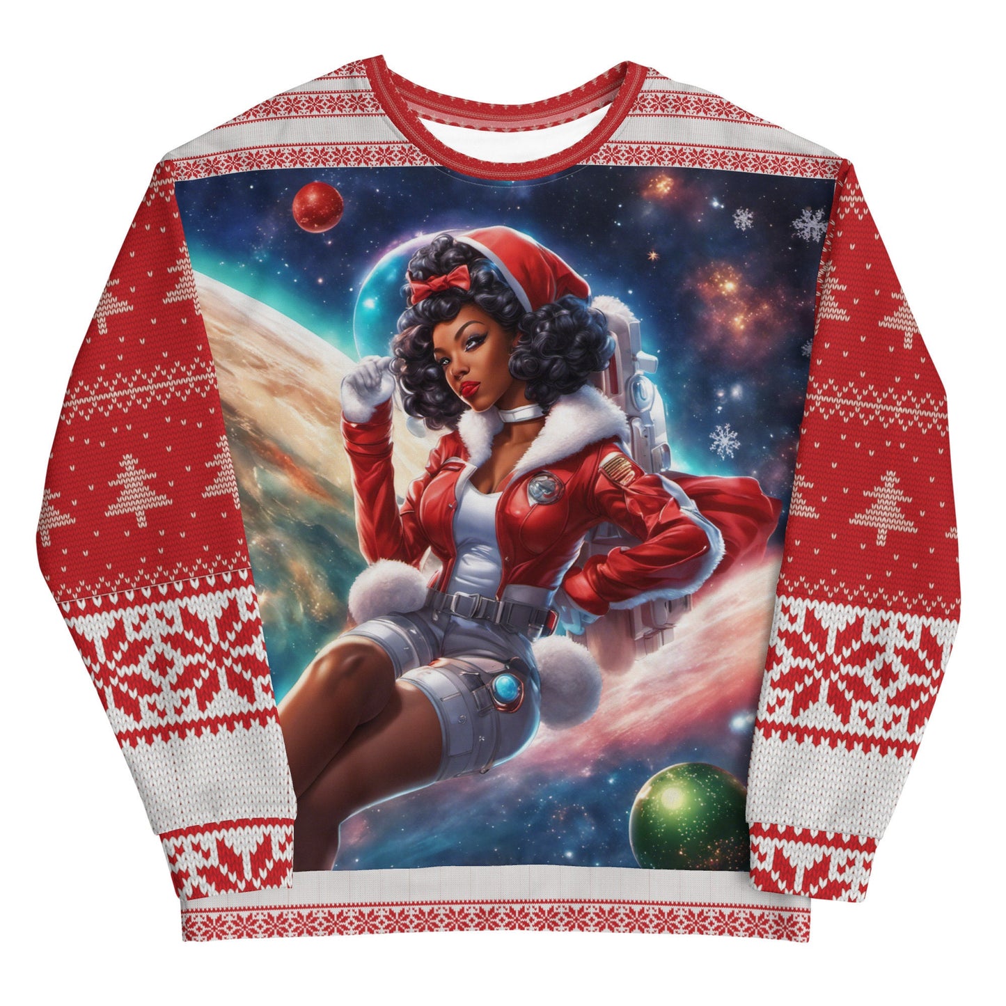 Red Ugly Christmas Sweatshirt Gift for Her | Black Girl Space Age Christmas Sweatshirt | Women's Ugly Christmas Sweater Design