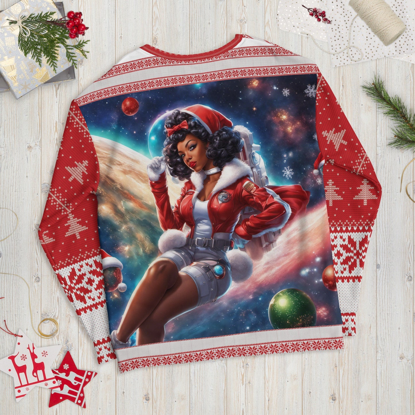 Red Ugly Christmas Sweatshirt Gift for Her | Black Girl Space Age Christmas Sweatshirt | Women's Ugly Christmas Sweater Design