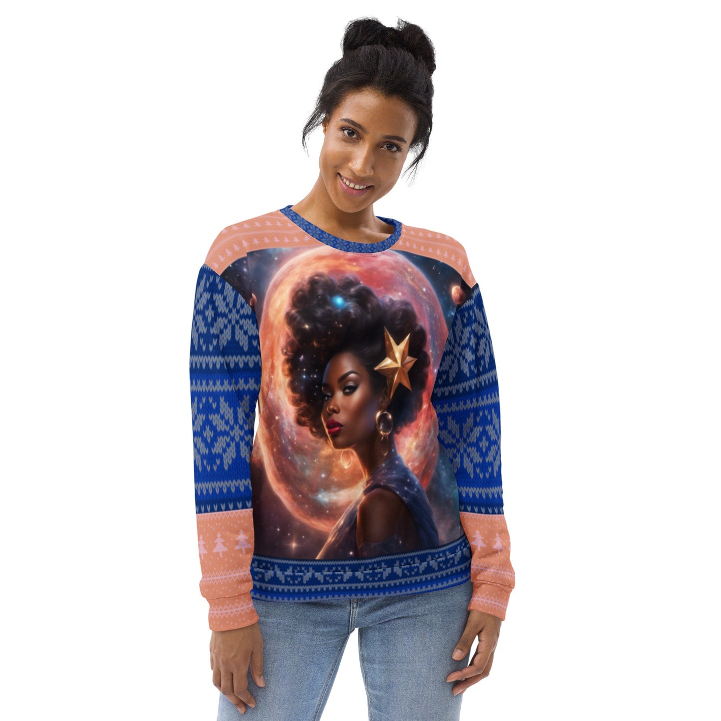 Ugly Christmas Sweater Fantasy Space Gift for Her or Him | Black Girl Space Age Christmas Sweatshirt | Women's Ugly Christmas Sweater Design