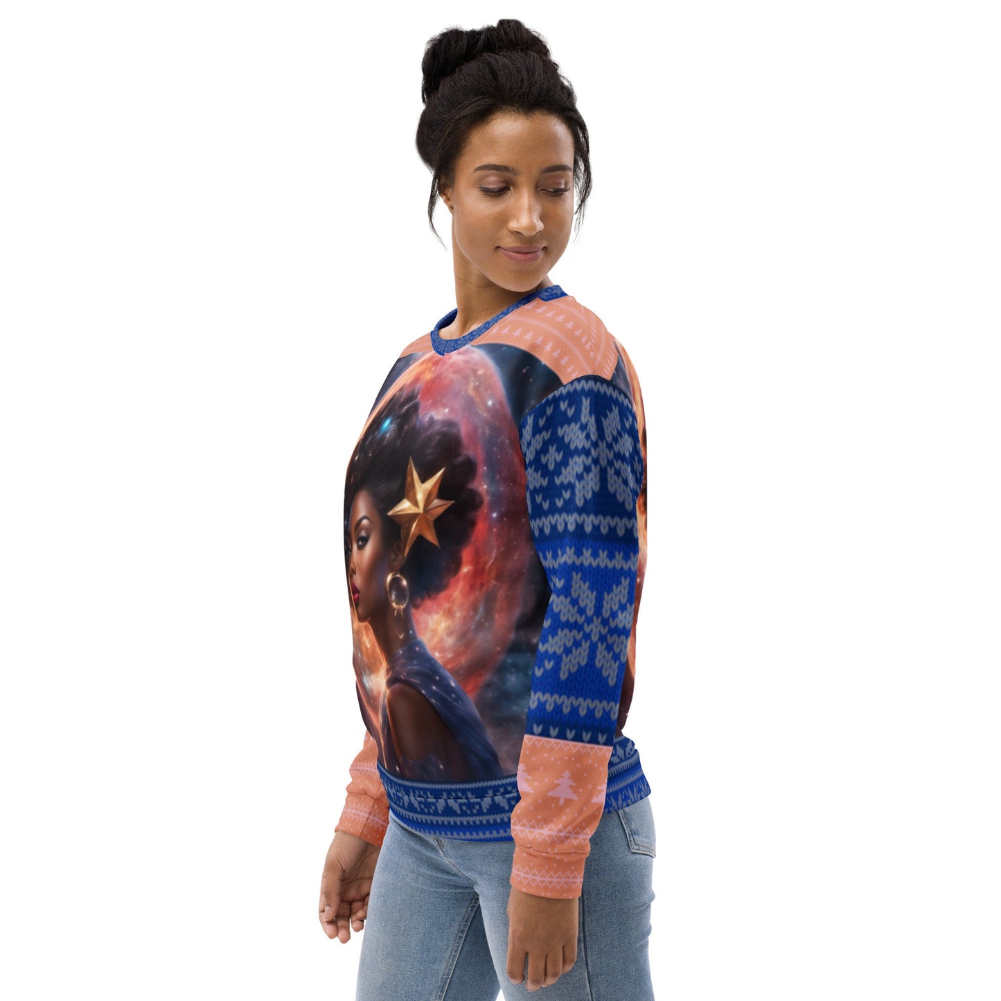 Ugly Christmas Sweater Fantasy Space Gift for Her or Him | Black Girl Space Age Christmas Sweatshirt | Women's Ugly Christmas Sweater Design