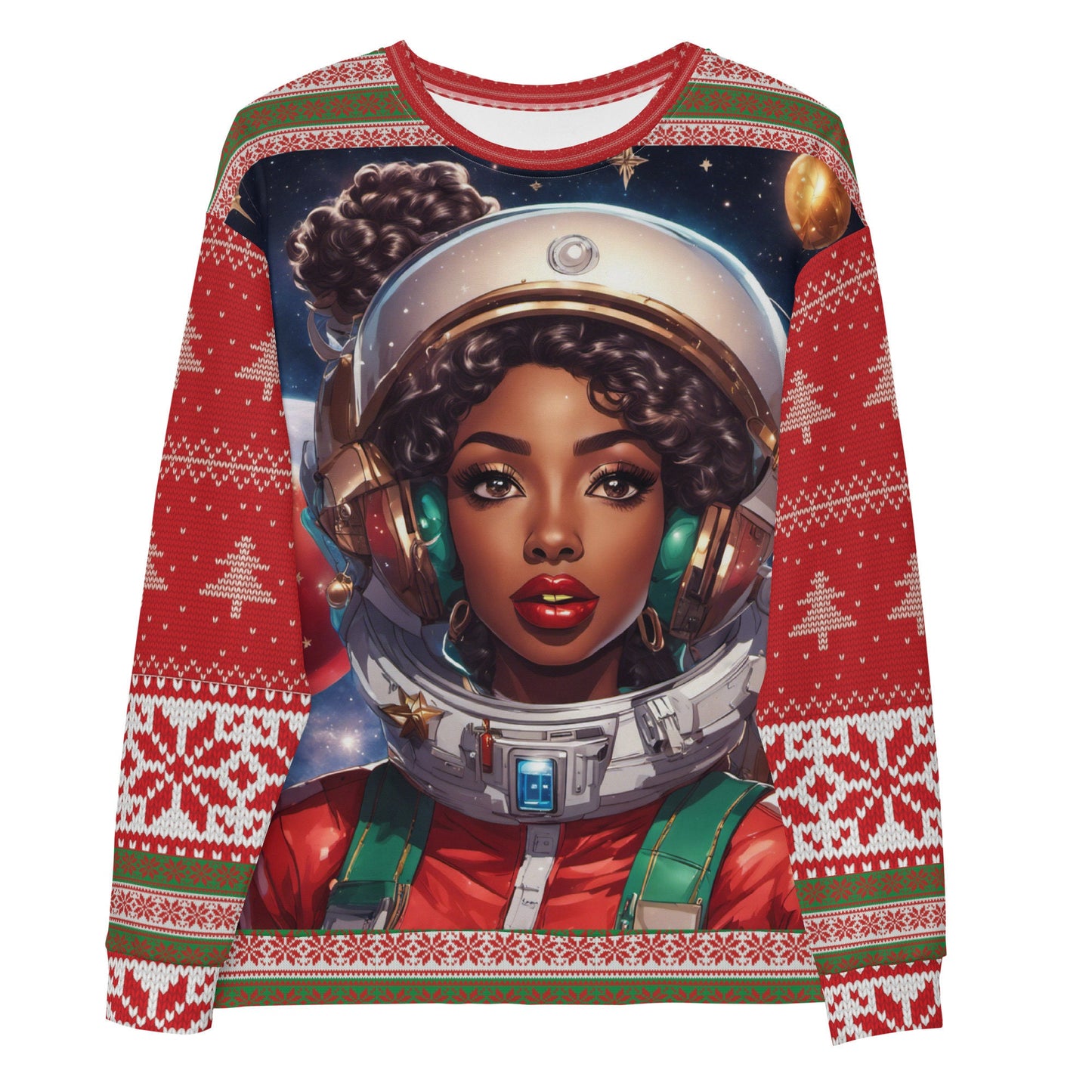 Red and Green Ugly Christmas Sweatshirt Gift for Her | Black Girl Space Age Christmas Sweatshirt | Women's Ugly Christmas Sweater Design