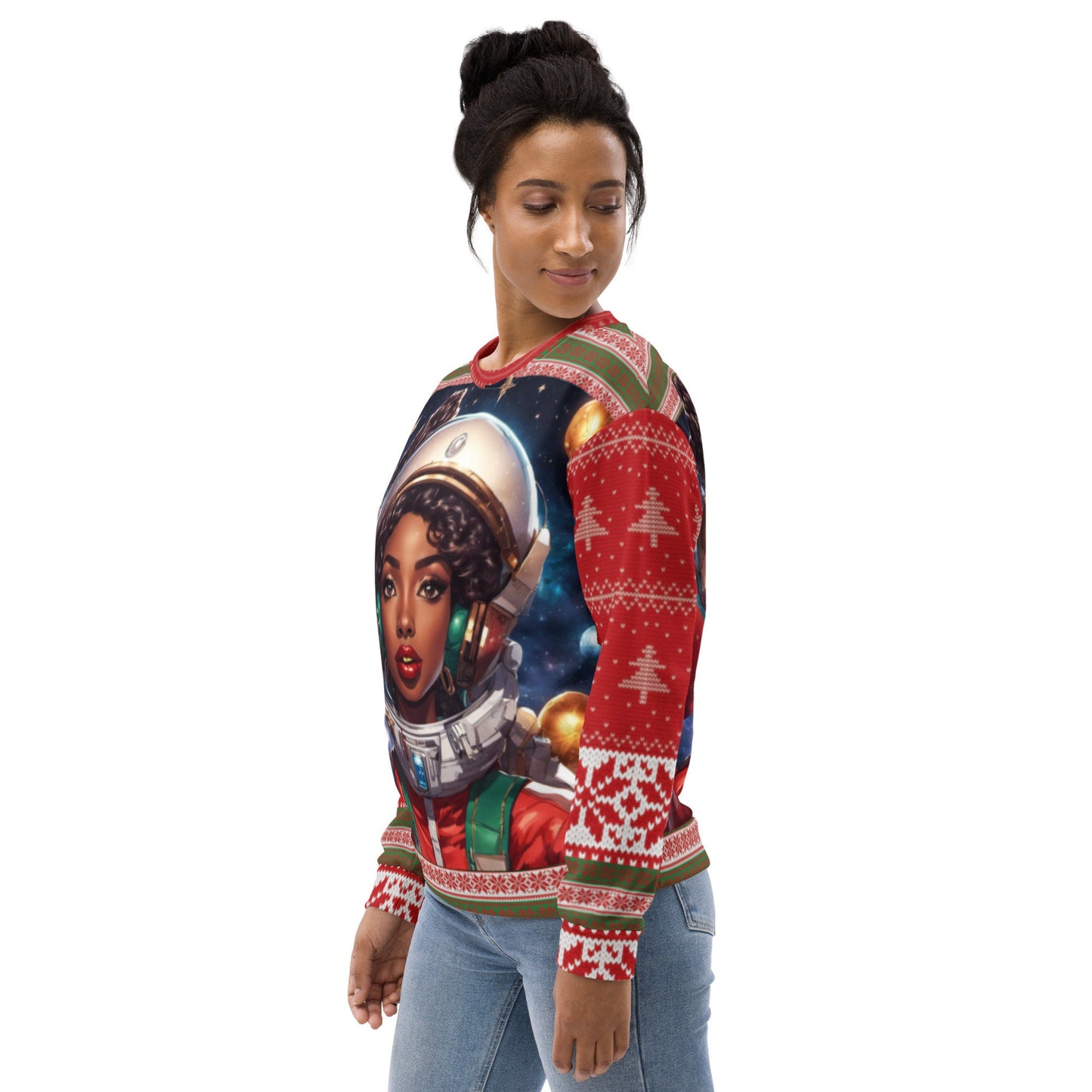Red and Green Ugly Christmas Sweatshirt Gift for Her | Black Girl Space Age Christmas Sweatshirt | Women's Ugly Christmas Sweater Design