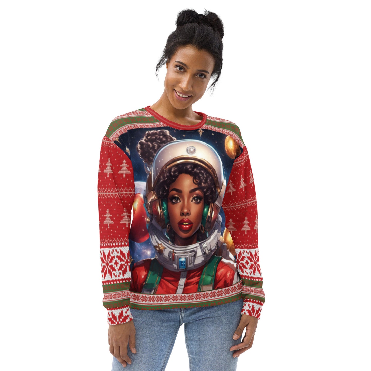 Red and Green Ugly Christmas Sweatshirt Gift for Her | Black Girl Space Age Christmas Sweatshirt | Women's Ugly Christmas Sweater Design