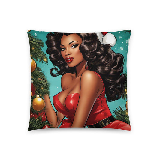 18" in x 18" in. Christmas Pillow with Retro Black Pin up Style | Afro Centric Christmas Decor for Fall | Black Girl Christmas Gift for Her