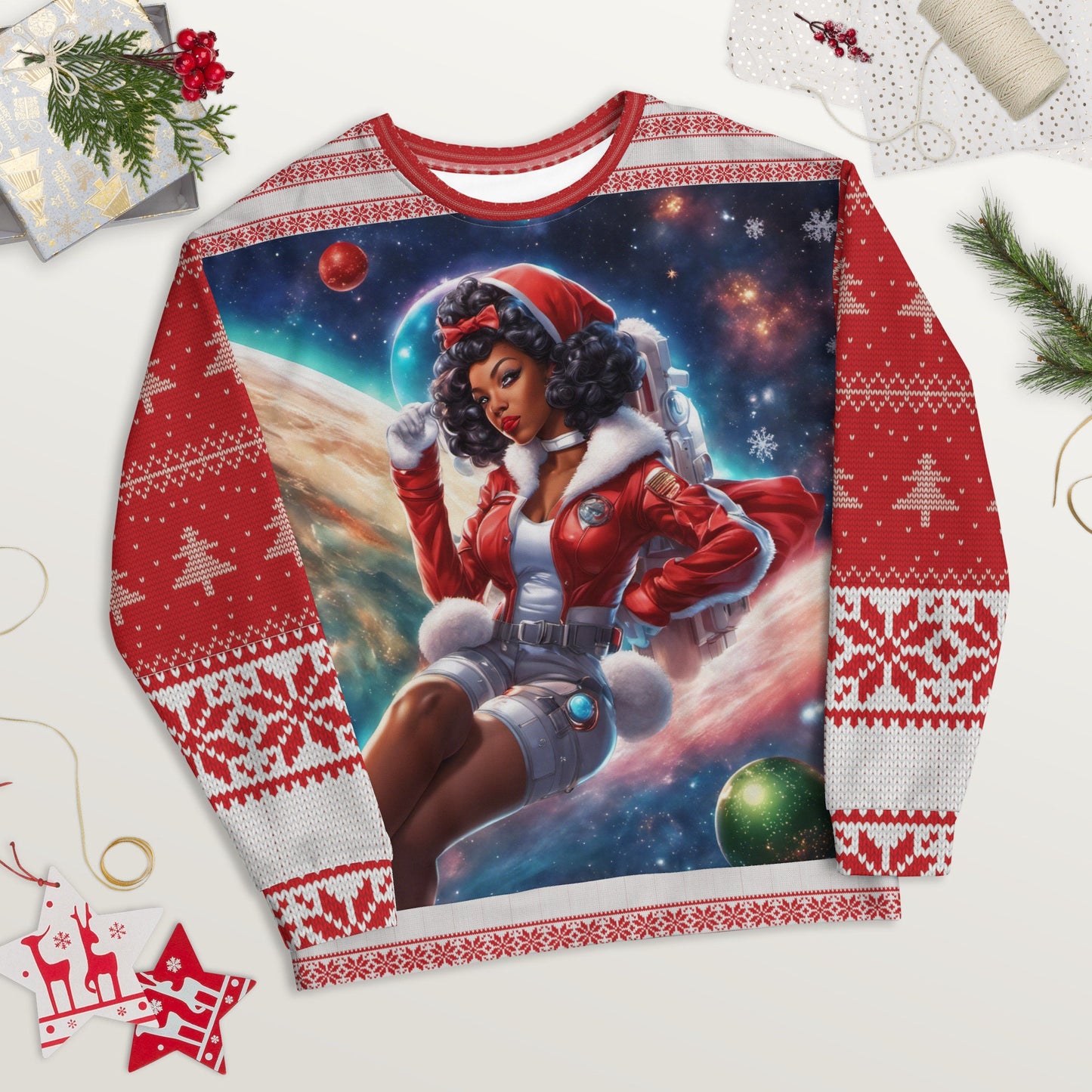 Red Ugly Christmas Sweatshirt Gift for Her | Black Girl Space Age Christmas Sweatshirt | Women's Ugly Christmas Sweater Design