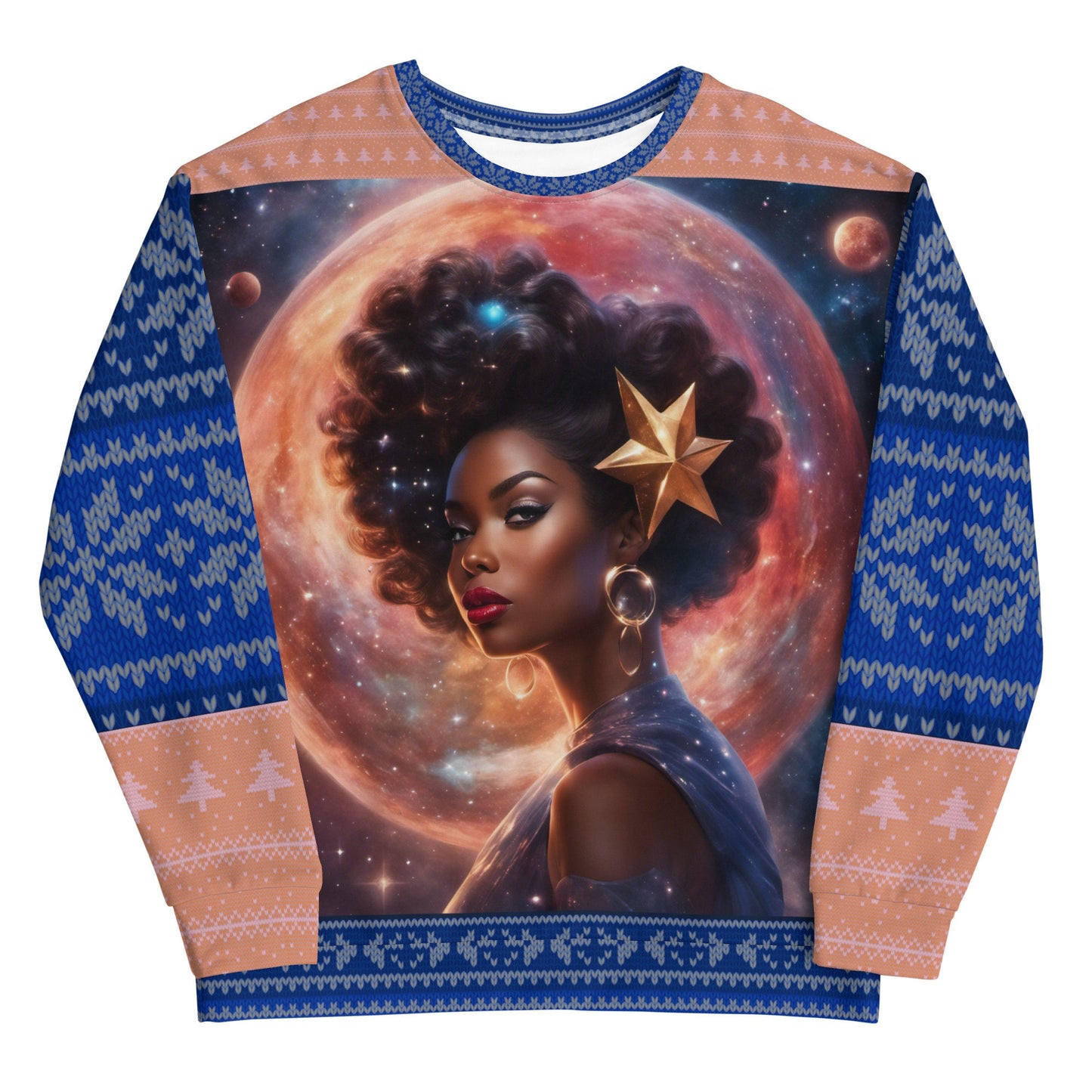 Ugly Christmas Sweater Fantasy Space Gift for Her or Him | Black Girl Space Age Christmas Sweatshirt | Women's Ugly Christmas Sweater Design