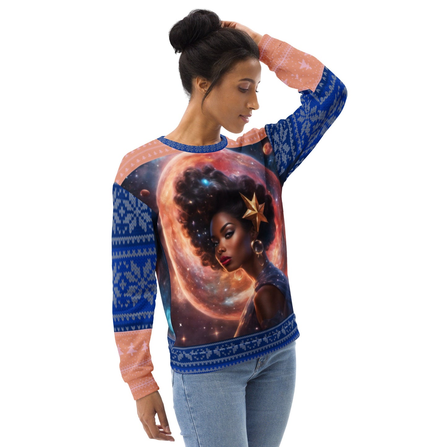 Ugly Christmas Sweater Fantasy Space Gift for Her or Him | Black Girl Space Age Christmas Sweatshirt | Women's Ugly Christmas Sweater Design