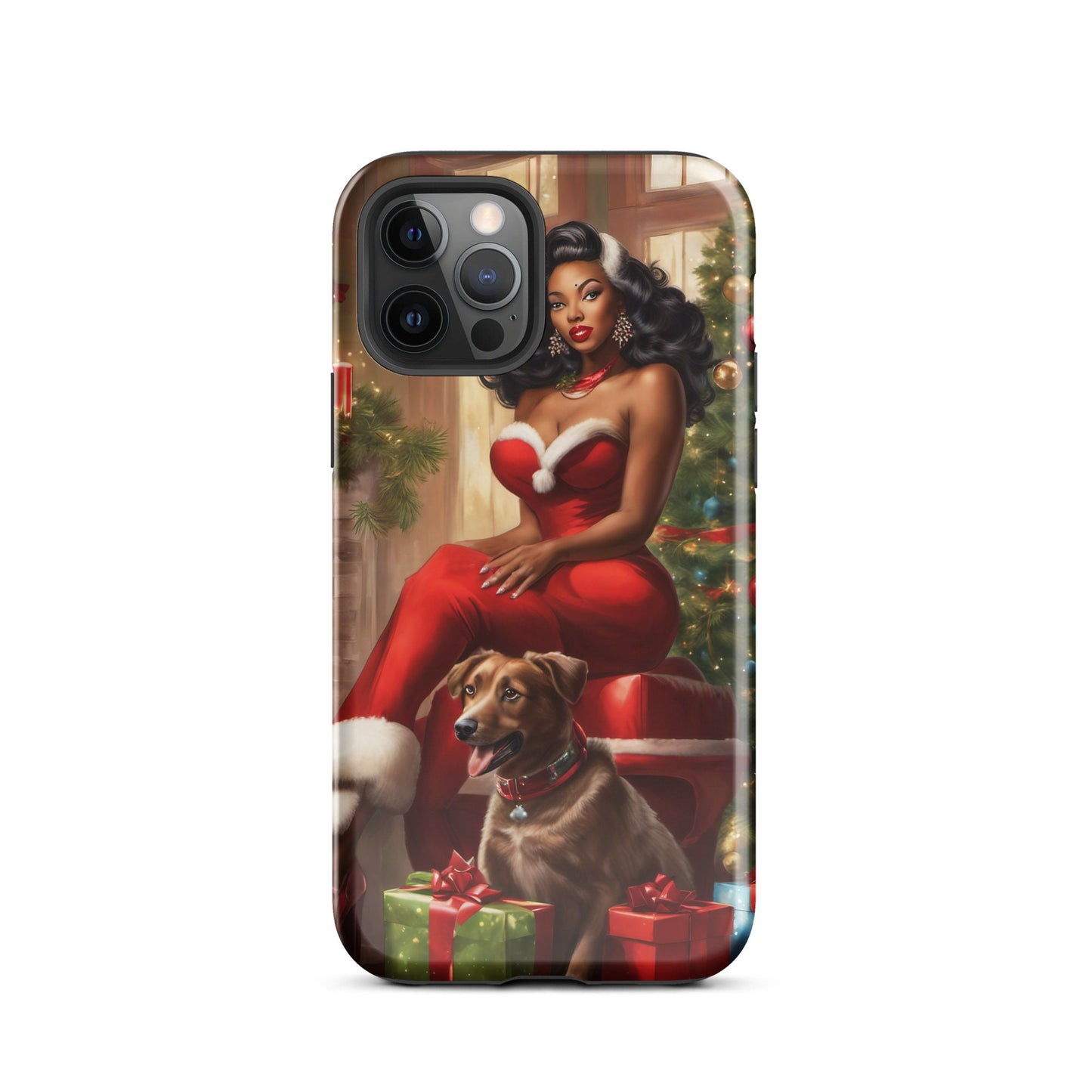 Tough Phone Case with Black Pin up with Dog Style Christmas Illustration | Afro Centric Phone Case | Black Girl Christmas Gift for Her