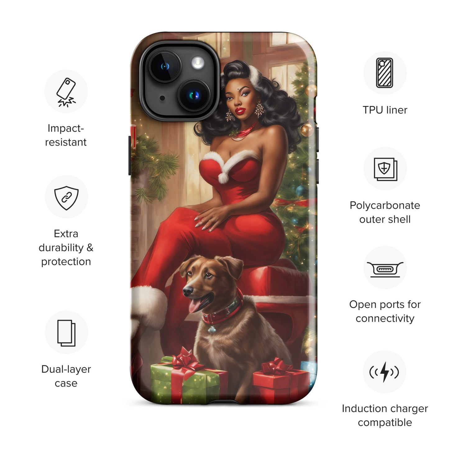 Tough Phone Case with Black Pin up with Dog Style Christmas Illustration | Afro Centric Phone Case | Black Girl Christmas Gift for Her