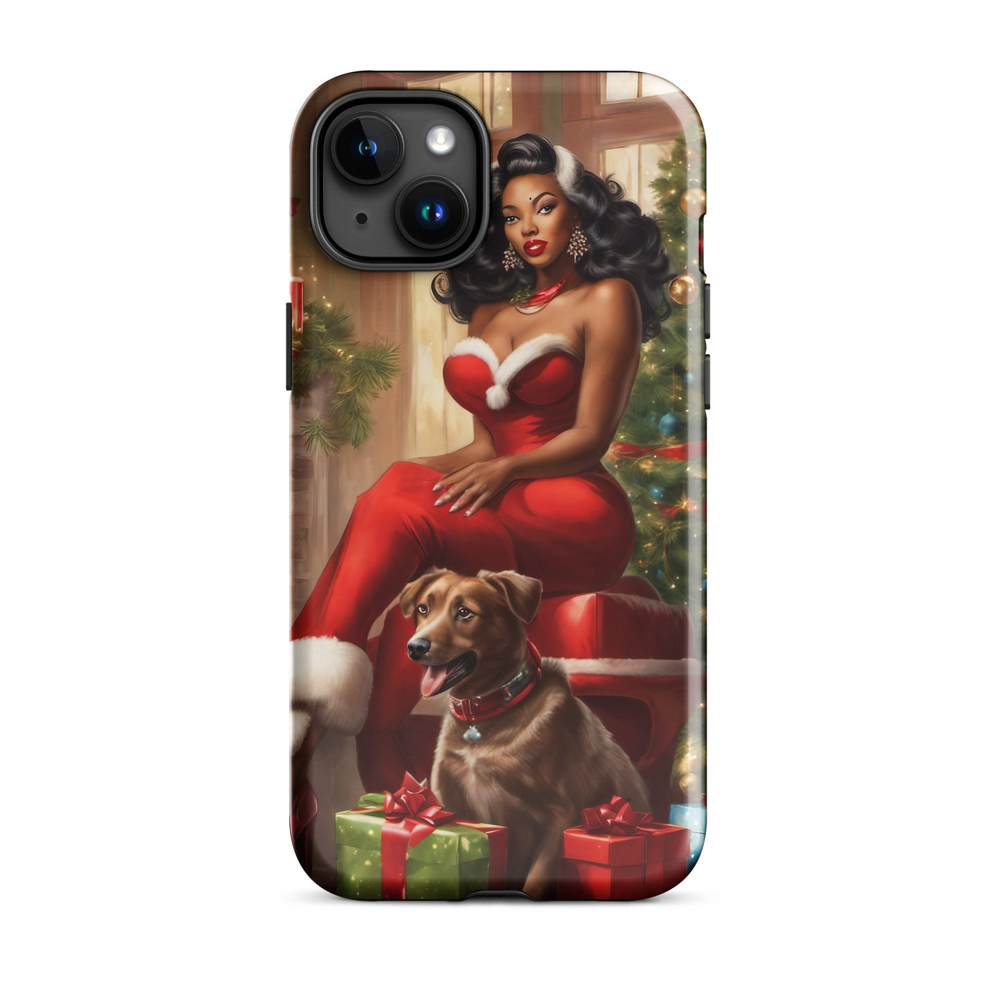 Tough Phone Case with Black Pin up with Dog Style Christmas Illustration | Afro Centric Phone Case | Black Girl Christmas Gift for Her