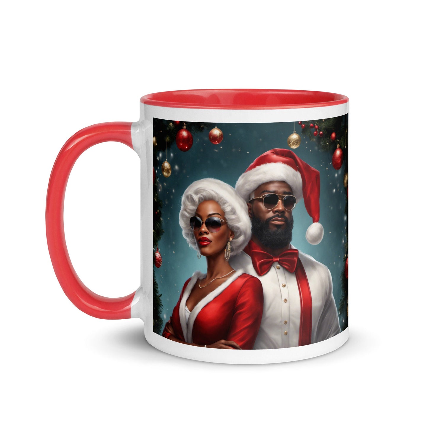 Modern Black Santa Claus and Mrs. Claus Mug with Color Inside