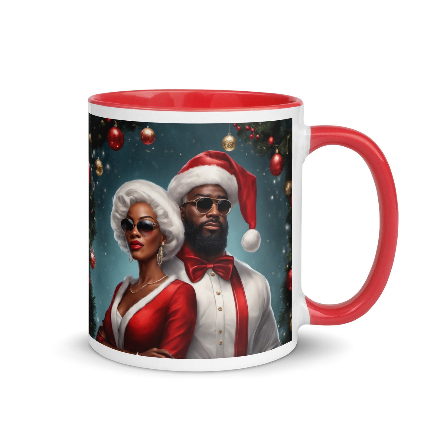 Modern Black Santa Claus and Mrs. Claus Mug with Color Inside