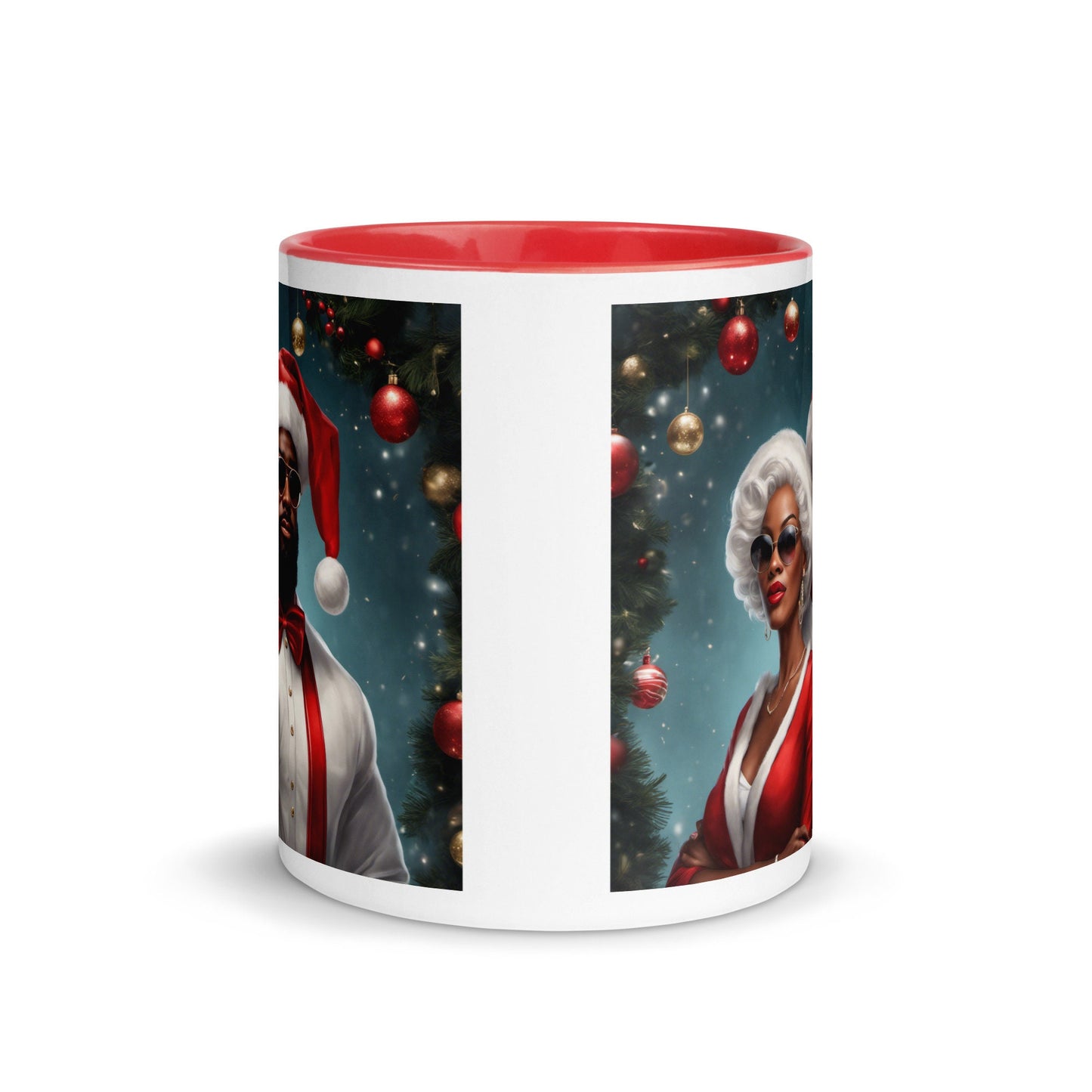 Modern Black Santa Claus and Mrs. Claus Mug with Color Inside
