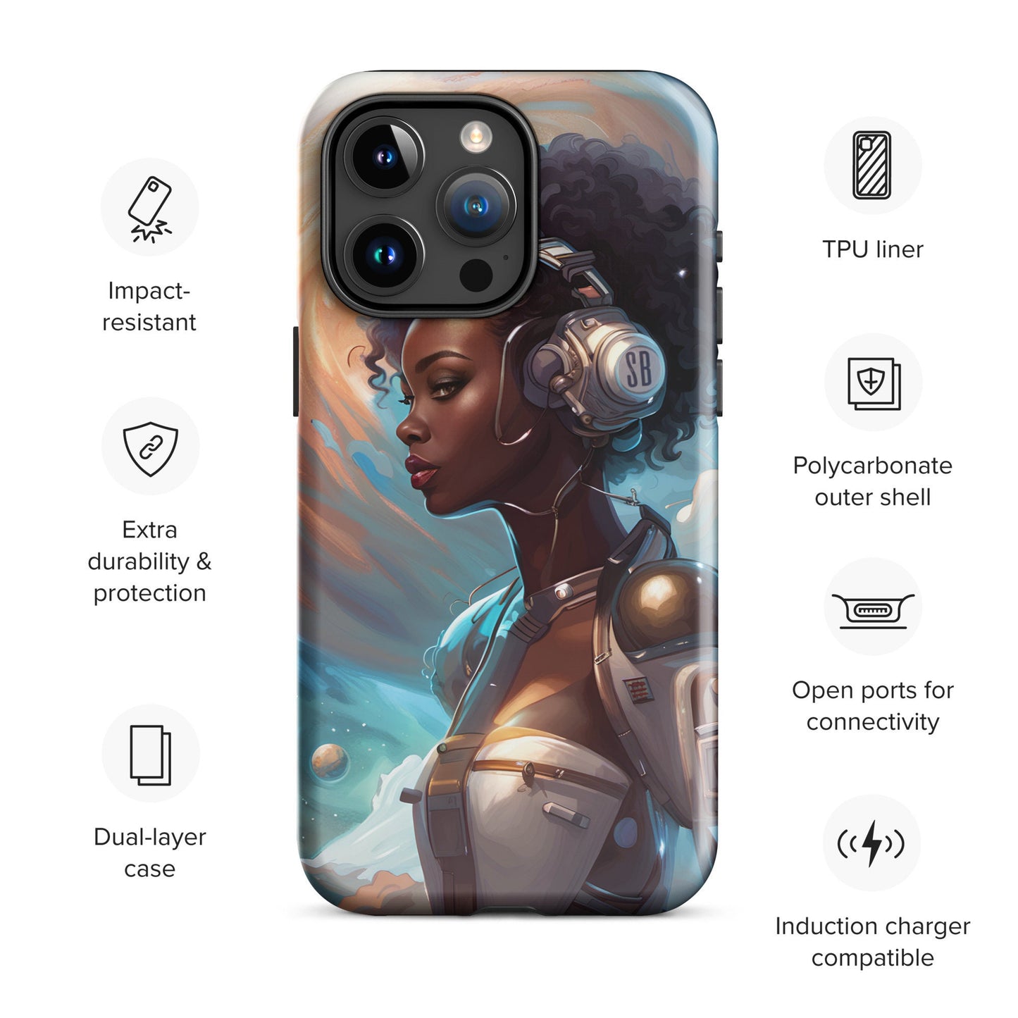 Tough Phone Case with Beautiful Cyborg Illustration | Aesthetic Space Age Themed Clear Phone Case | Celestial Art Gift for Her or GF