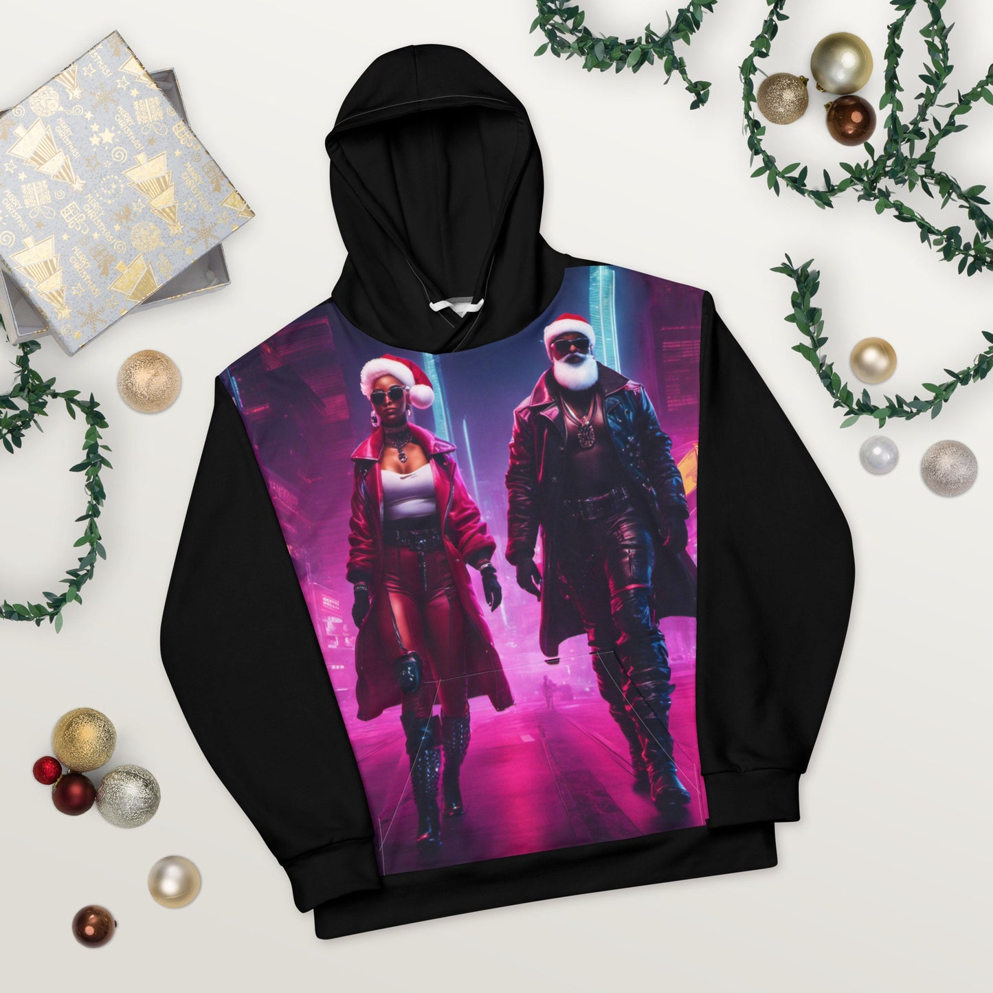 Futuristic Black Santa and Mrs Claus Unisex Hoodie | Unique Holiday Hoodie Gift for Her or Him | Black Girl Christmas for the Culture