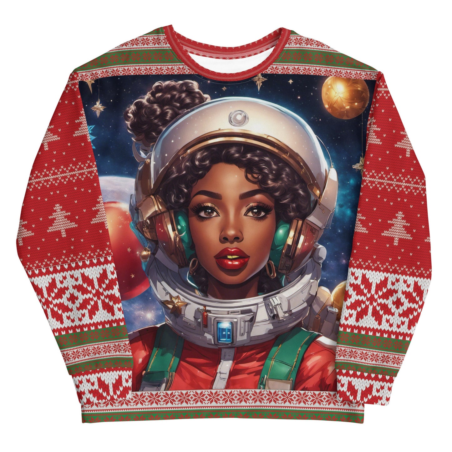 Red and Green Ugly Christmas Sweatshirt Gift for Her | Black Girl Space Age Christmas Sweatshirt | Women's Ugly Christmas Sweater Design