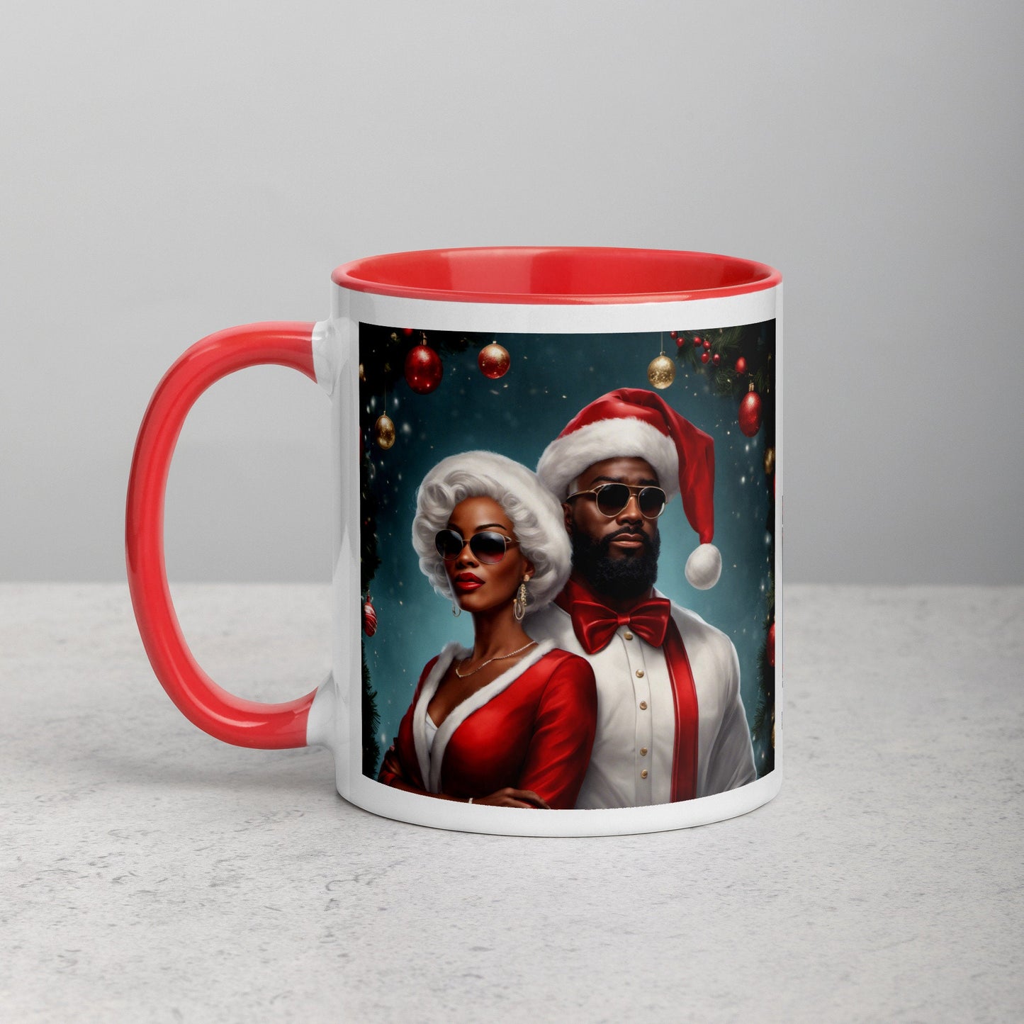Modern Black Santa Claus and Mrs. Claus Mug with Color Inside