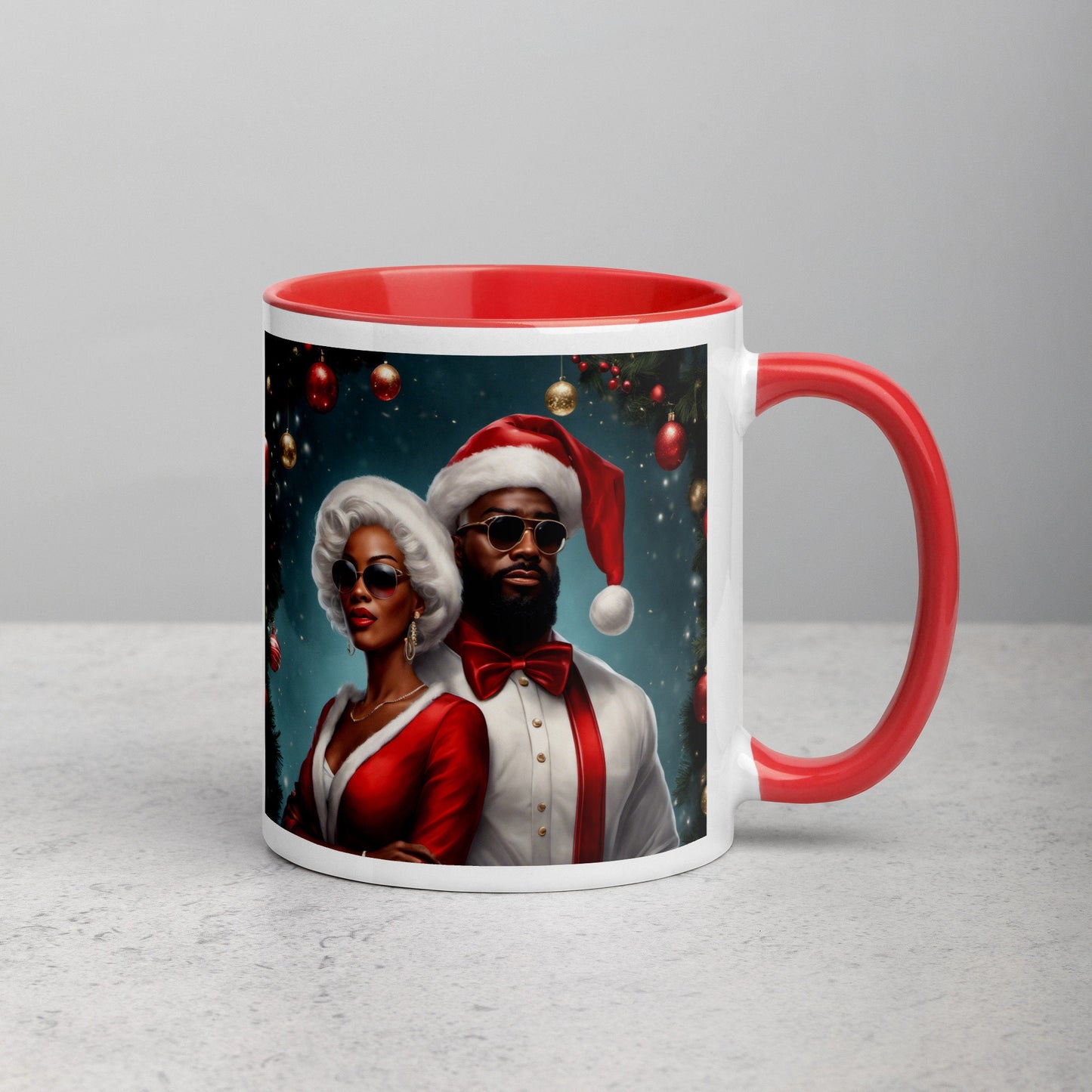 Modern Black Santa Claus and Mrs. Claus Mug with Color Inside