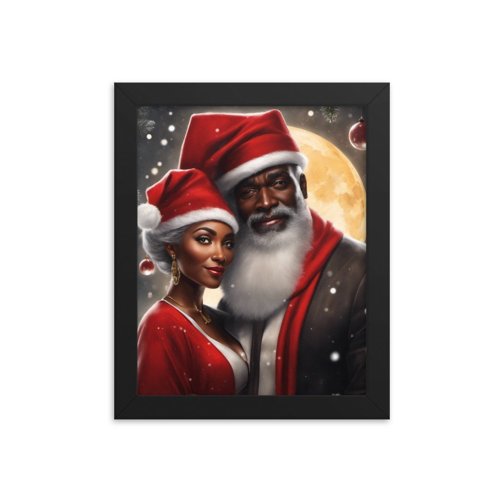 Black Santa and Mrs Claus Framed Artwork | Modern Black Santa and Mrs. Claus Christmas Wall Art | Wall Decor for the Holidays