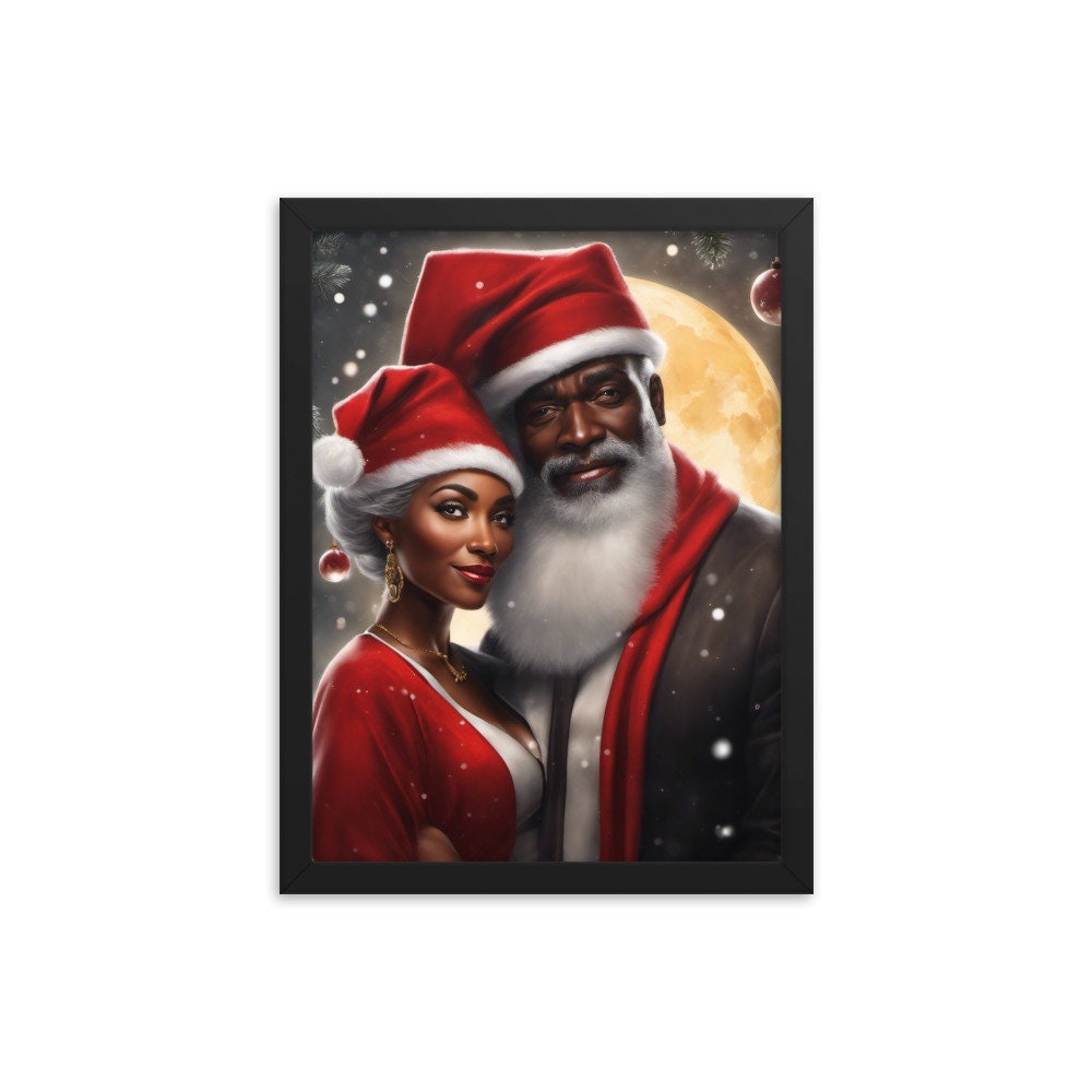 Black Santa and Mrs Claus Framed Artwork | Modern Black Santa and Mrs. Claus Christmas Wall Art | Wall Decor for the Holidays