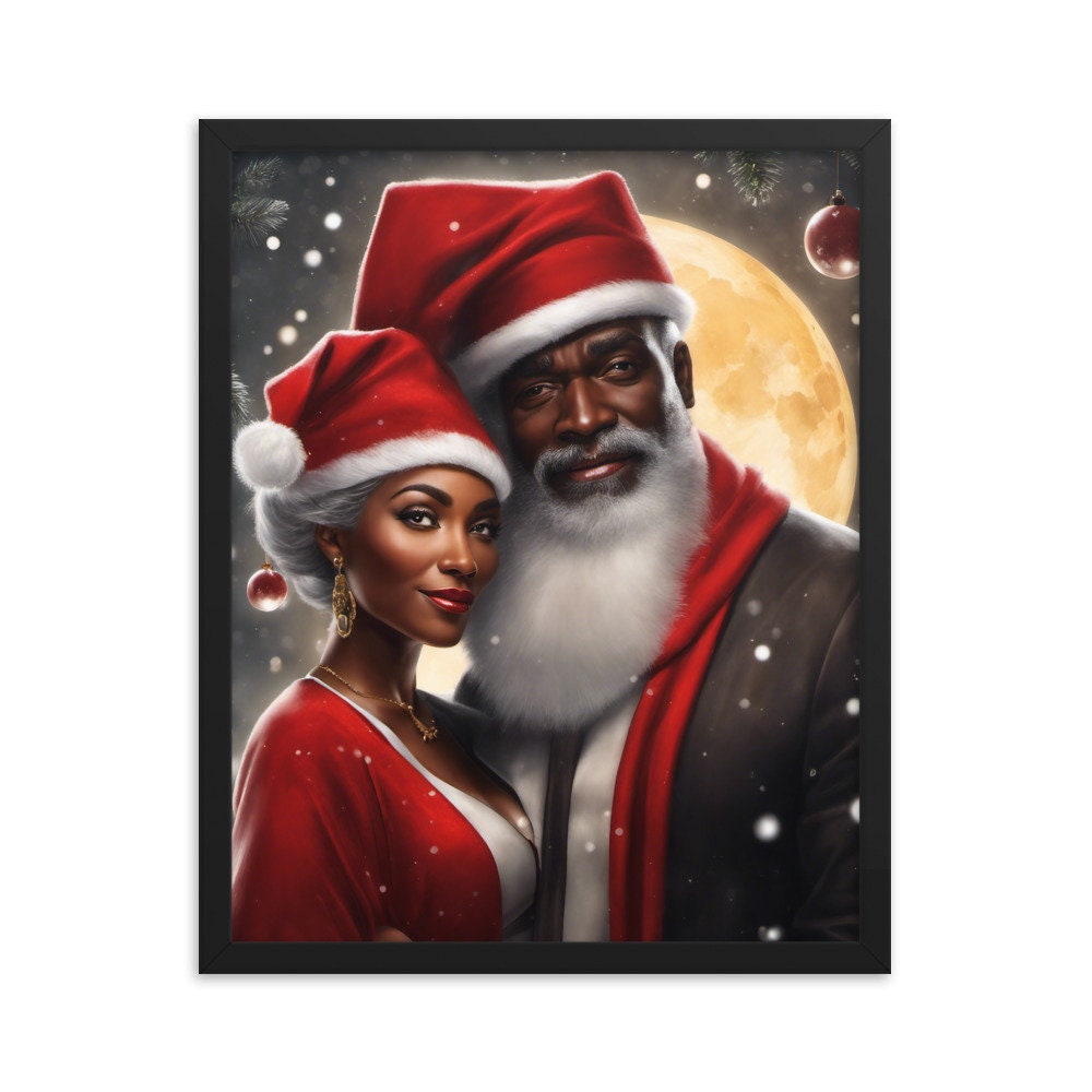 Black Santa and Mrs Claus Framed Artwork | Modern Black Santa and Mrs. Claus Christmas Wall Art | Wall Decor for the Holidays