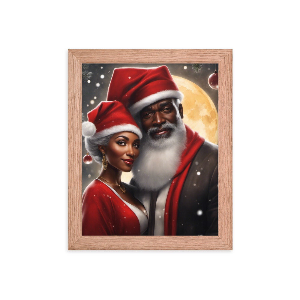 Black Santa and Mrs Claus Framed Artwork | Modern Black Santa and Mrs. Claus Christmas Wall Art | Wall Decor for the Holidays