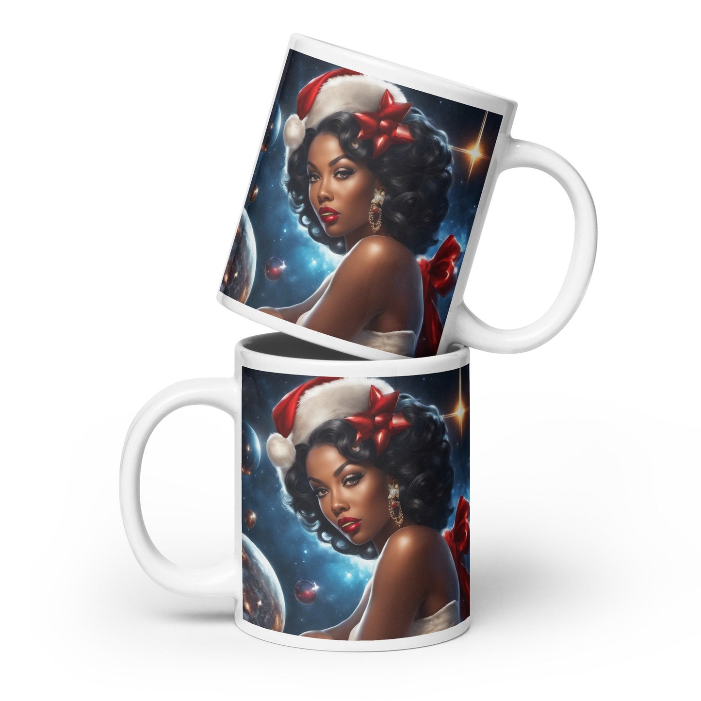 White glossy Christmas Mug | Space Age Christmas Mug | Black Girl Christmas Gift for Her | Coffee Mug for Black Girl Christmas Gift