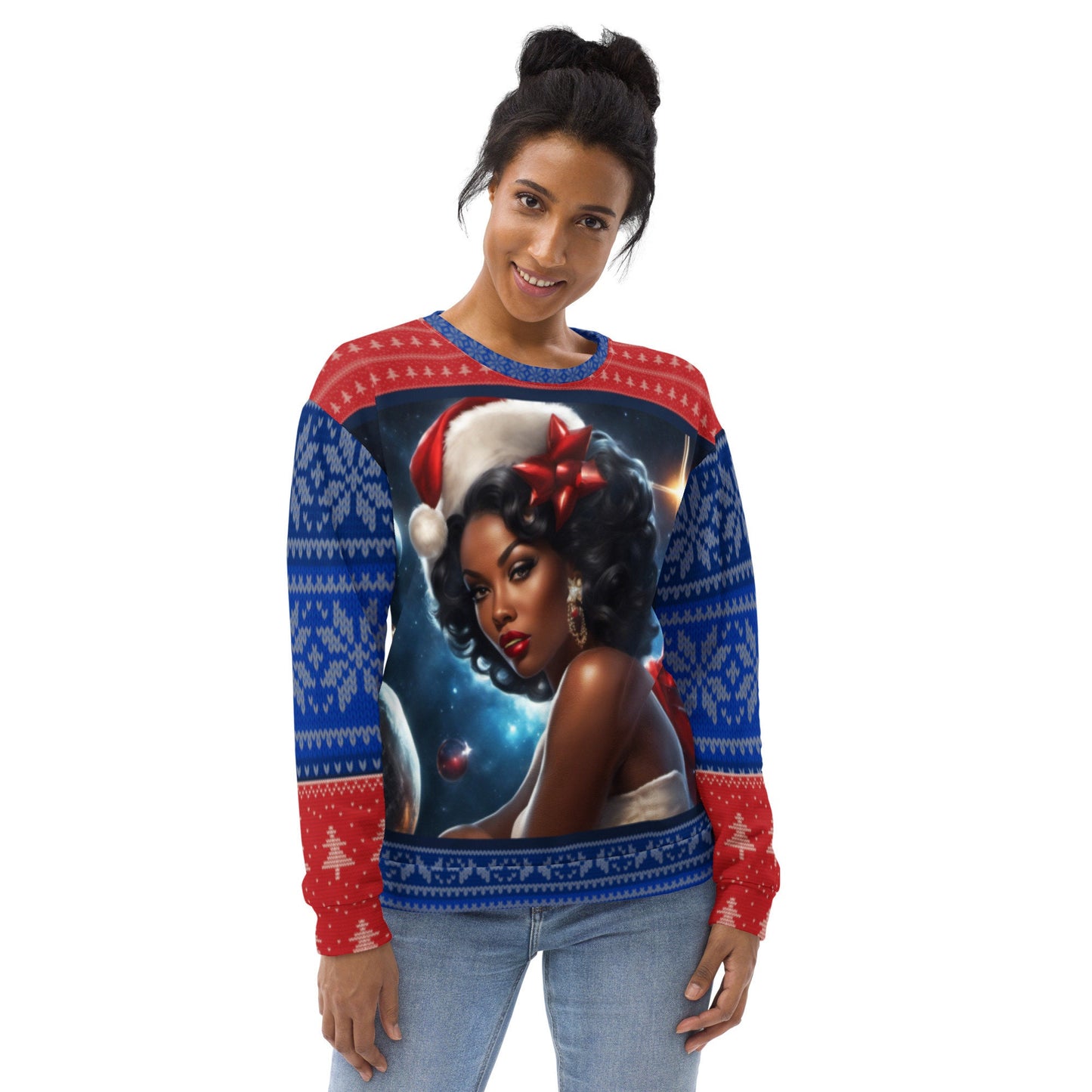Red and Blue Ugly Christmas Sweatshirt Gift for Her | Black Girl Space Age Christmas Sweatshirt | Women's Ugly Christmas Sweater Design